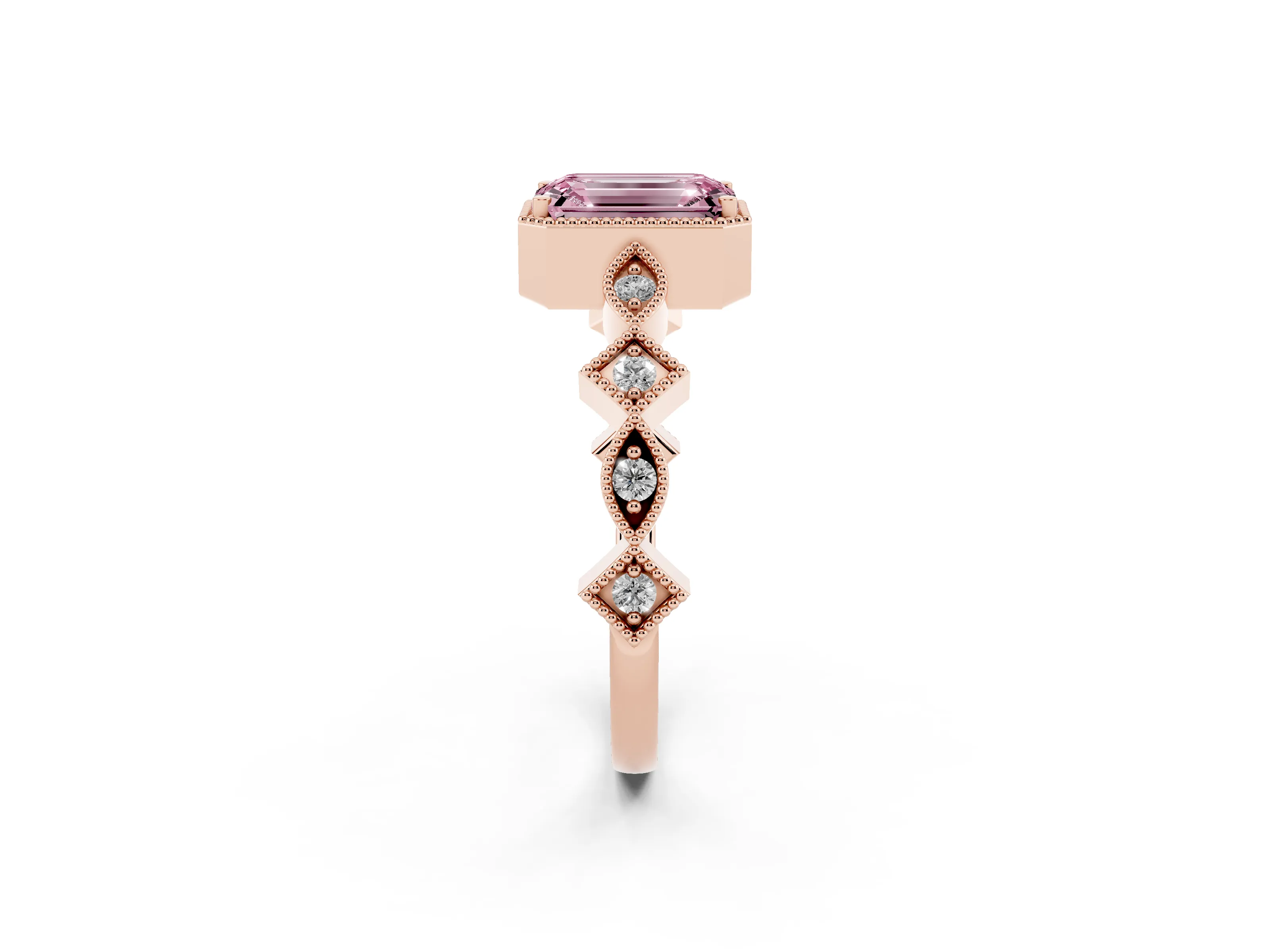 Fancy Pink Emerald Cut Diamond Milgrain Marquise Twist Band Ring Set in Rose gold with Prong Setting