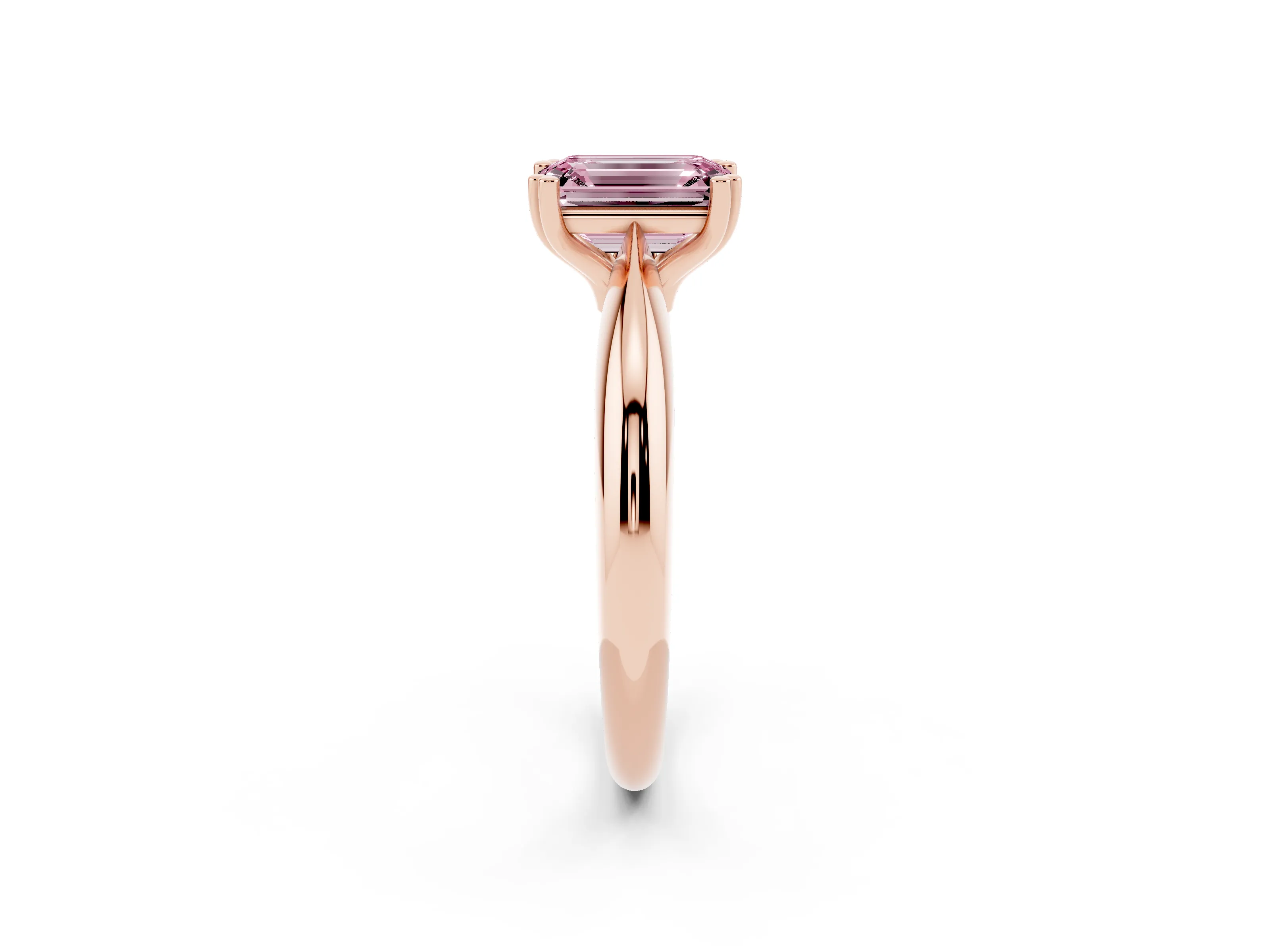 Fancy Pink Emerald Cut Diamond Solitaire Engagement Ring Set in Rose gold with Tapered Band and Prong Setting