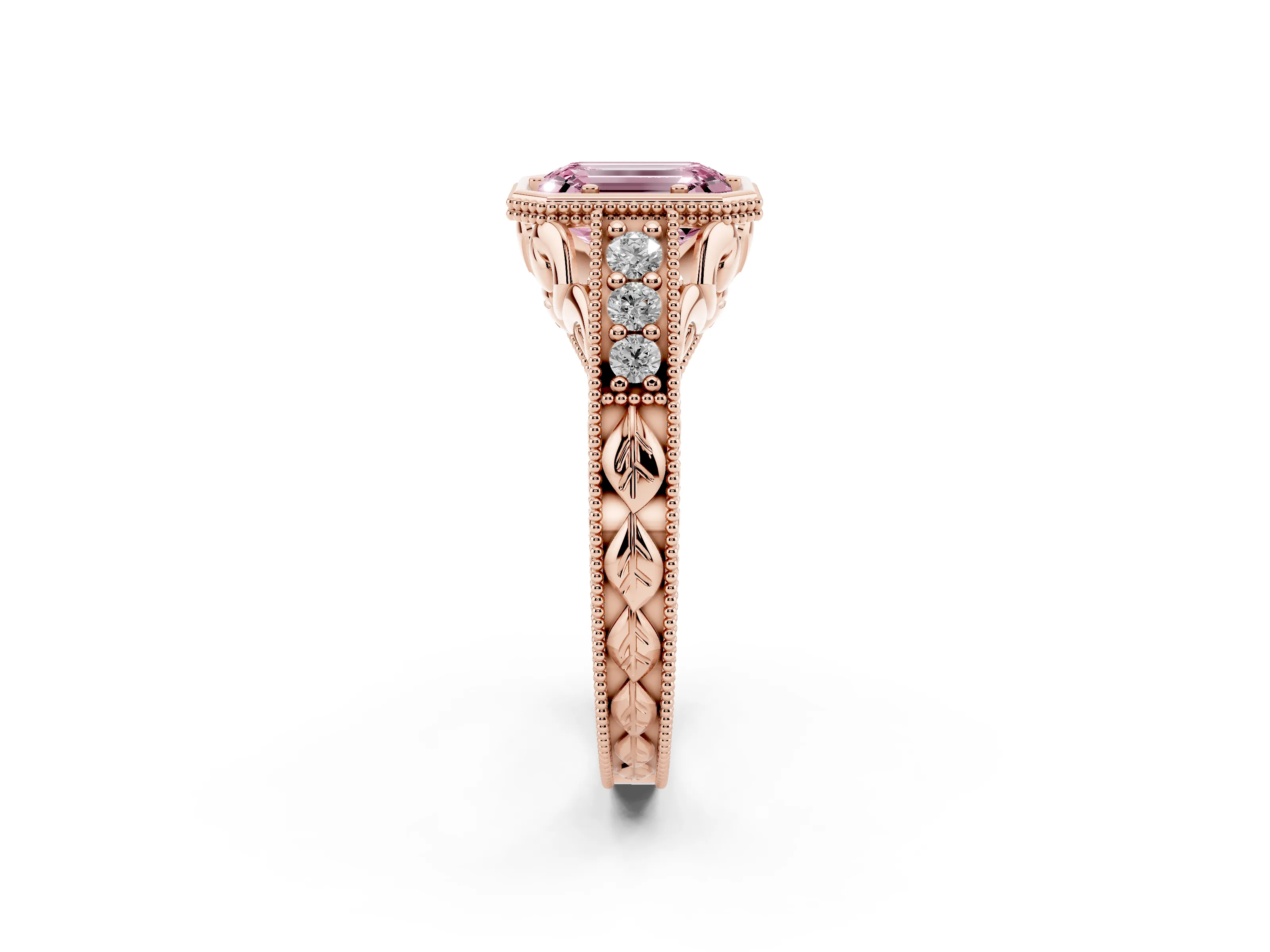 Fancy Pink Bezel Set Emerald Cut Diamond Milgrain Pavé Engagement Ring Set in Rose gold
