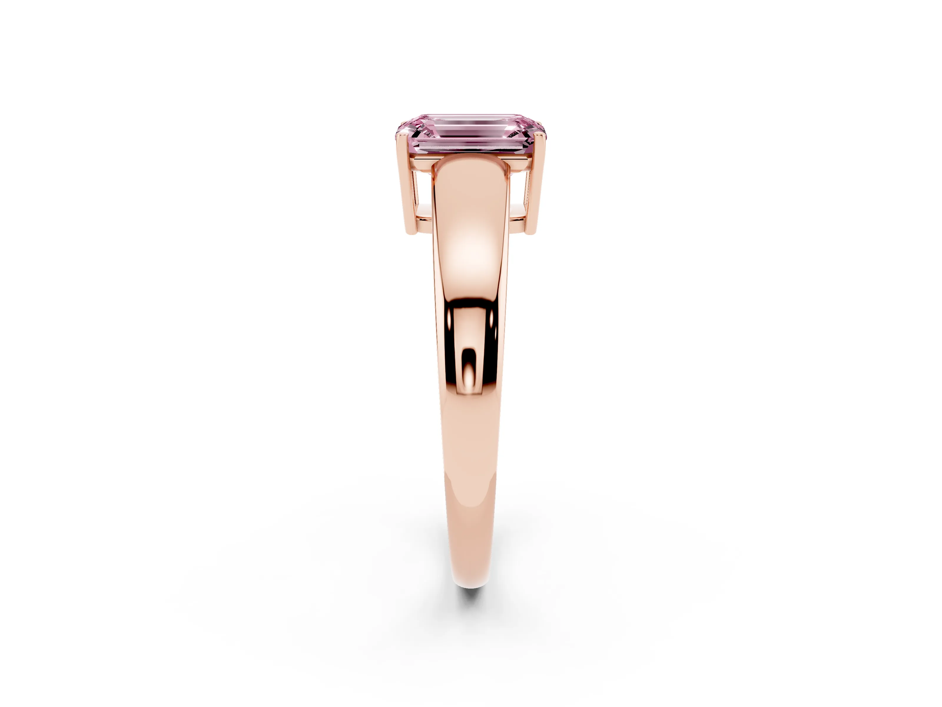 Fancy Pink Emerald Cut Diamond Solitaire Ring Set in Rose gold with Tapered Band and Prong Setting