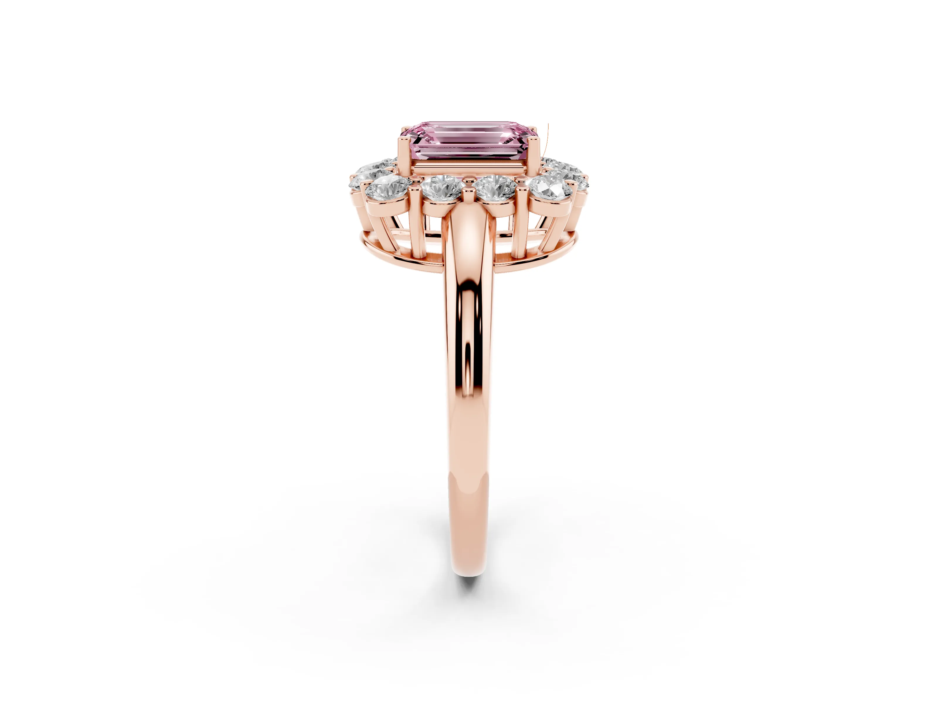 Fancy Pink Emerald Cut Diamond Halo Cluster Engagement Ring Set in Rose gold with Polished Band and Prong Setting