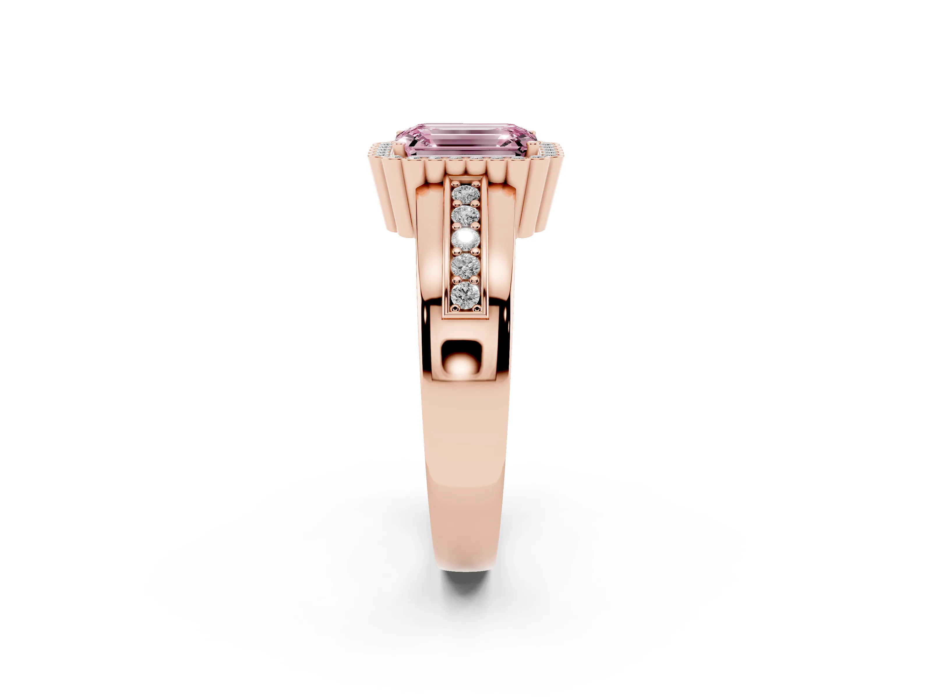 Fancy Pink Emerald Cut Diamond Halo Prong Ring Set in Rose gold with Pavé Band