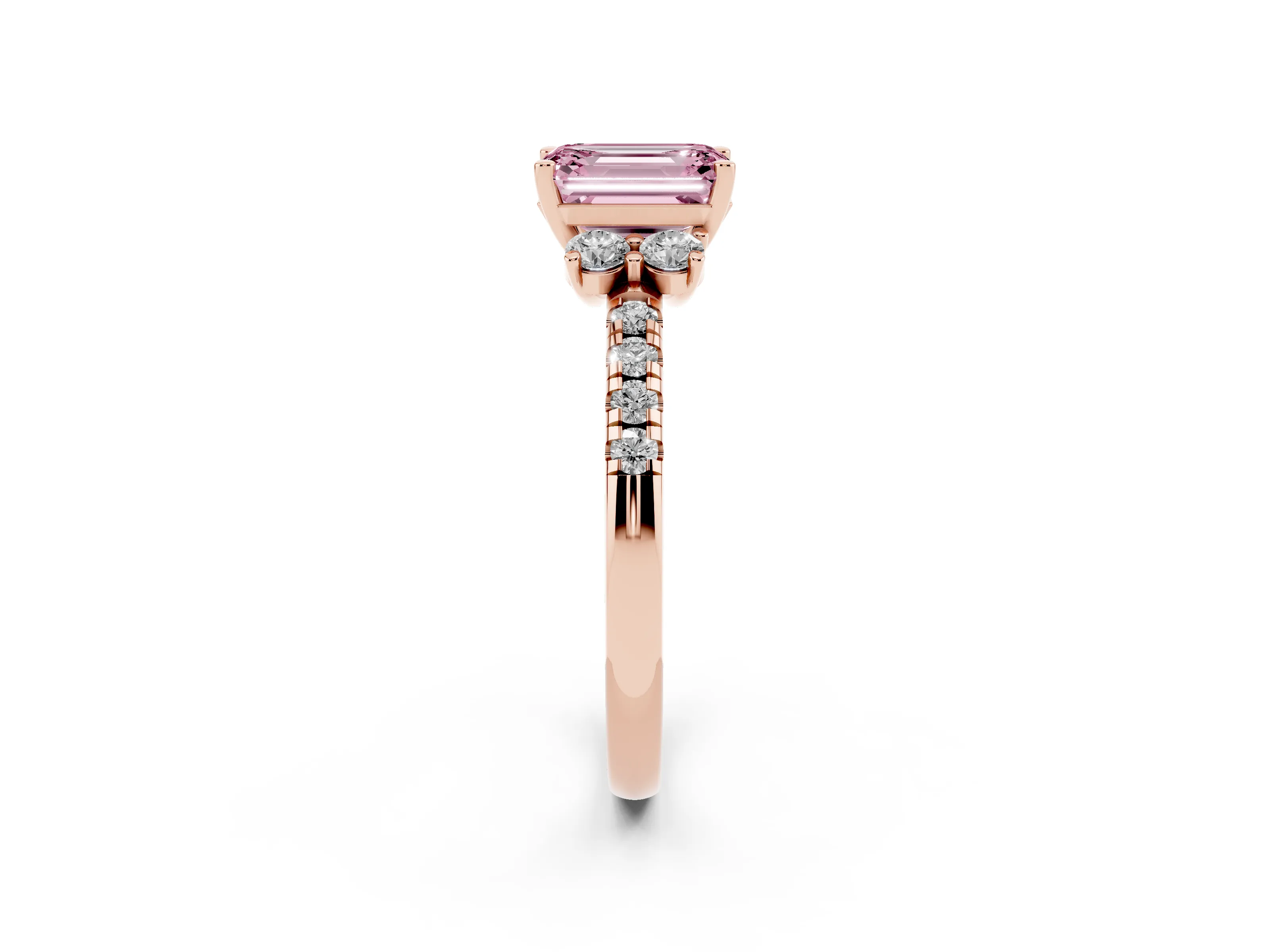 Fancy Pink Emerald Cut Diamond Three-Stone Pavé Ring Set in Rose gold with Prong Setting
