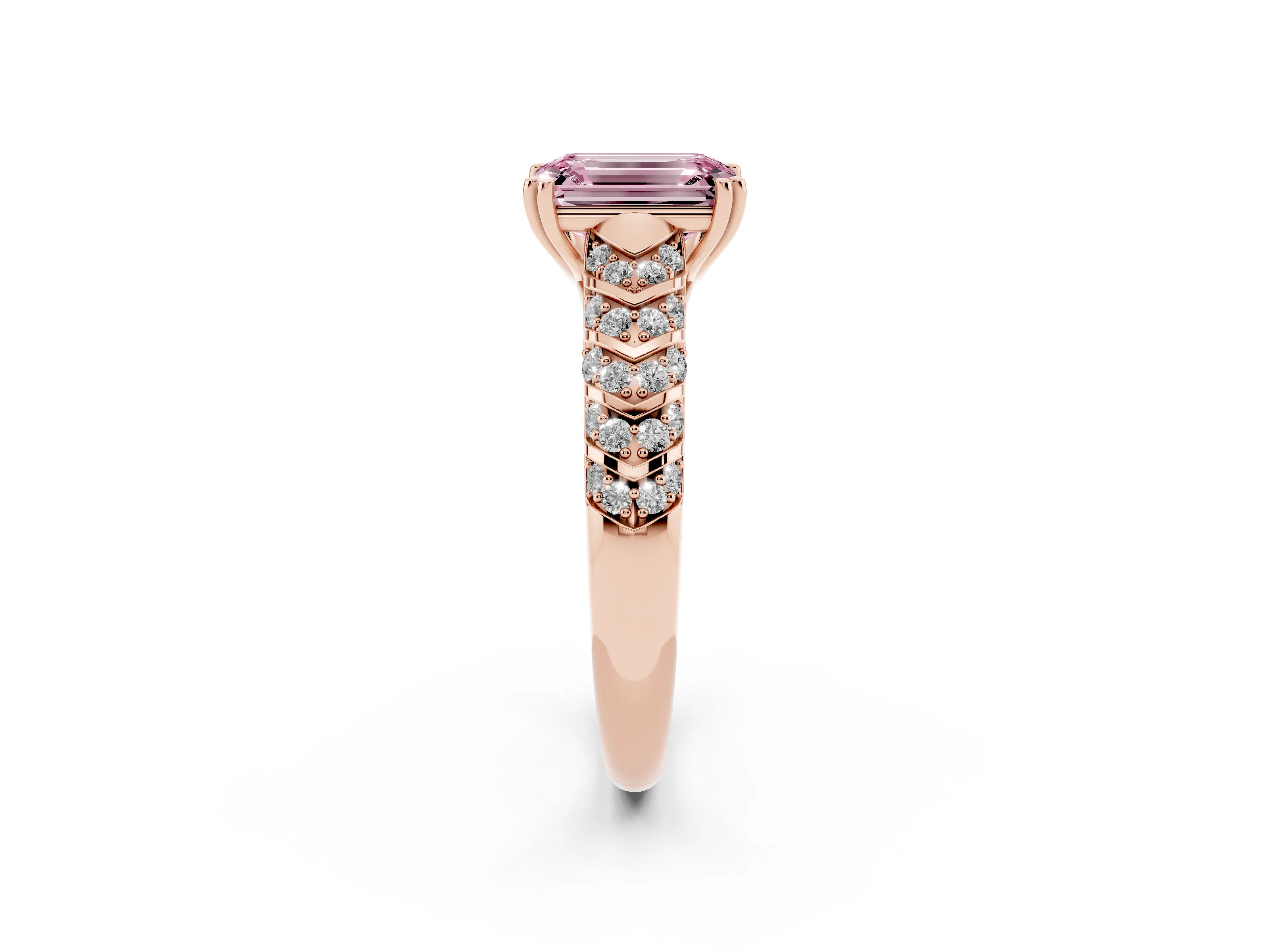 Fancy Pink Emerald Cut Diamond Solitaire Chevron Pavé Engagement Ring Set in Rose gold with Prong Setting