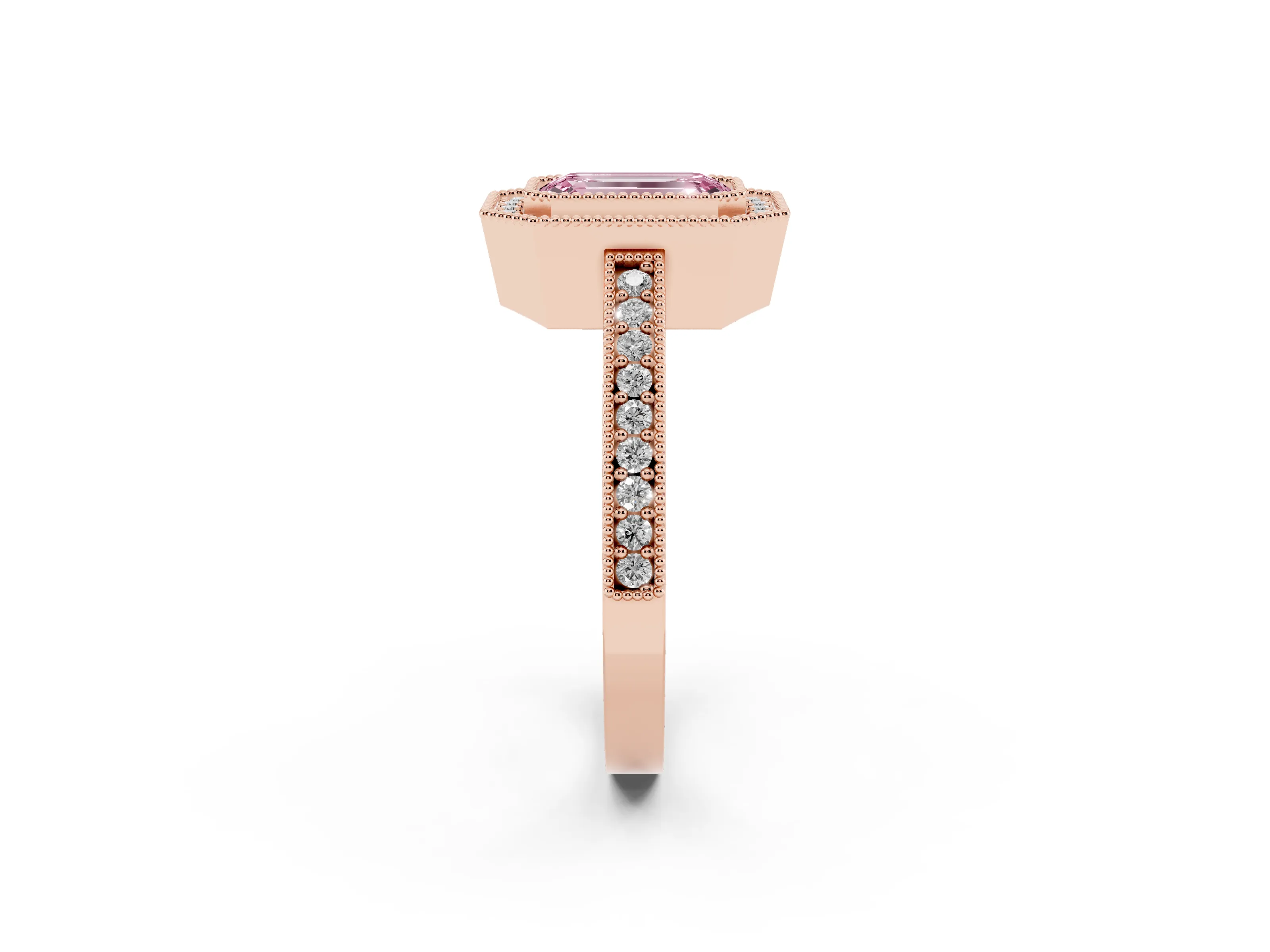 Fancy Pink Emerald Cut Diamond Halo Engagement Ring Set in Rose gold with Pavé Band and Round Halo Stones