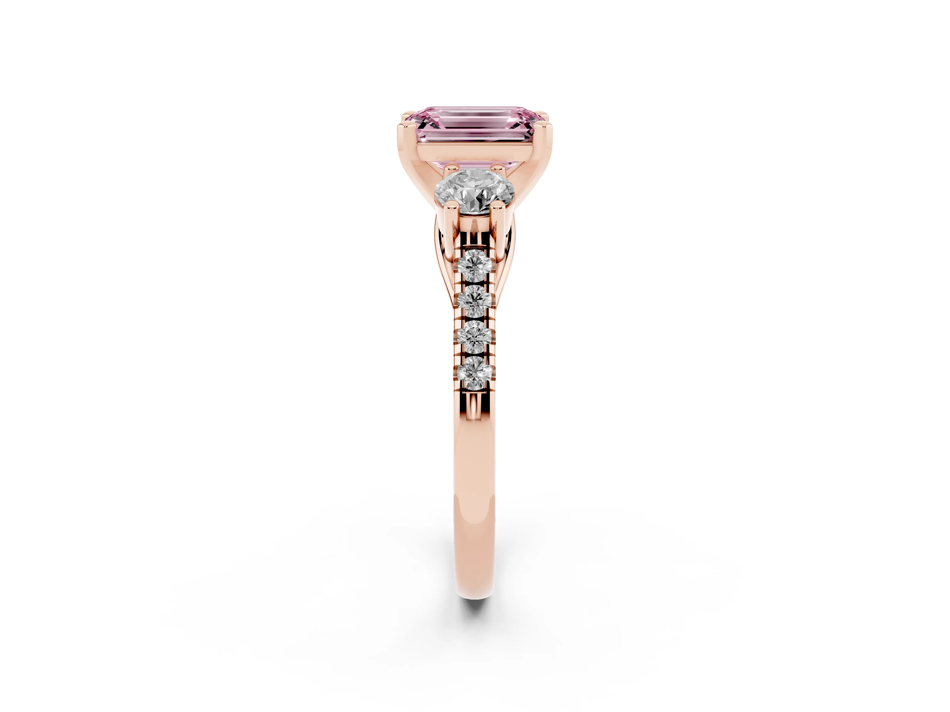 Fancy Pink Three-Stone Emerald Cut Diamond Pavé Band Ring Set in Rose gold with Prong-Set Trio