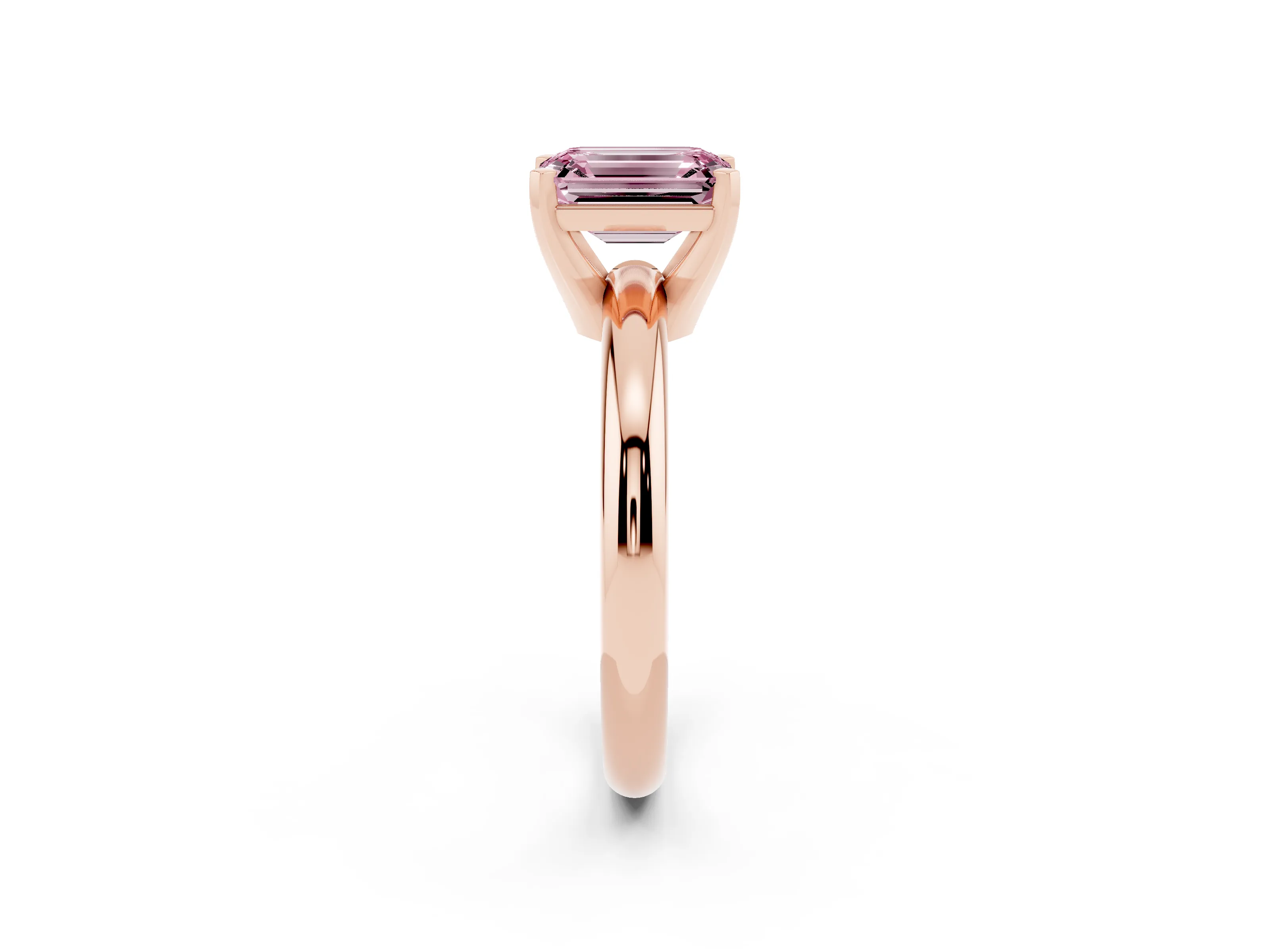 Fancy Pink Emerald Cut Diamond Solitaire Engagement Ring Set in Rose gold with Round Band and Prong Setting