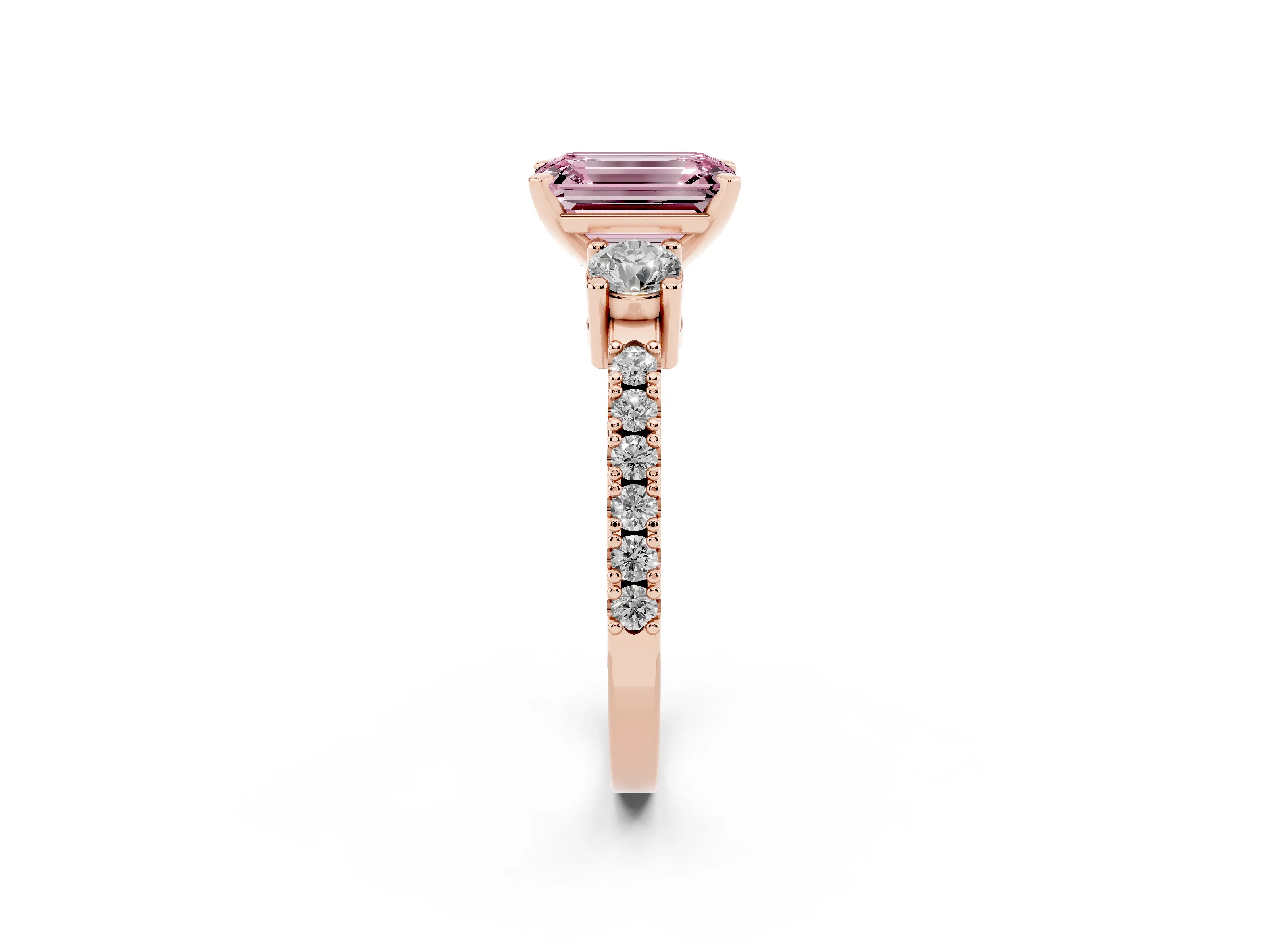 Fancy Pink Three-Stone Emerald Cut Diamond Pavé Band Ring Set in Rose gold with Prong Setting