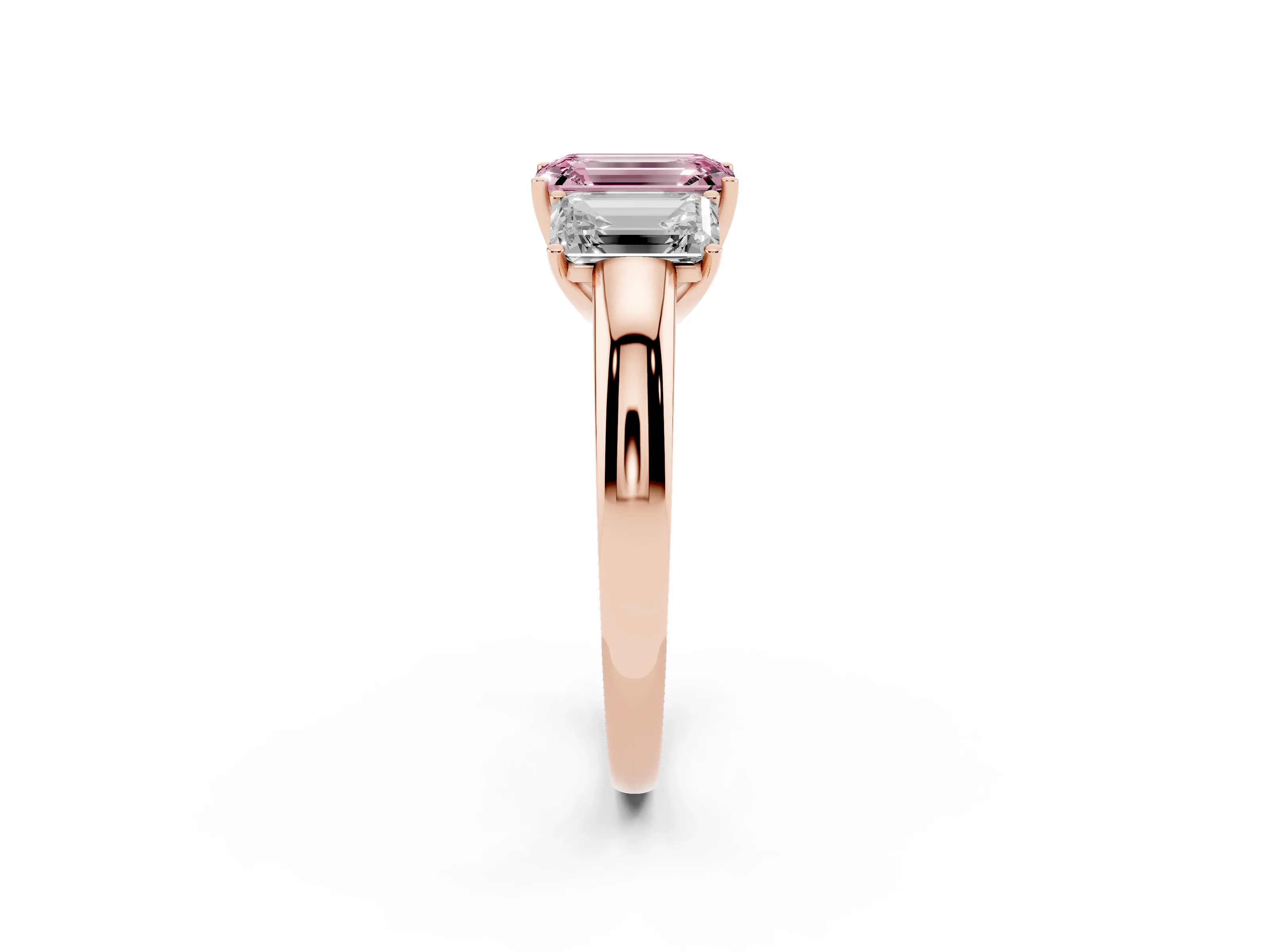 Fancy Pink Emerald Cut Diamond Three-Stone Ring Set in Rose gold with Bold Center and Classic Band