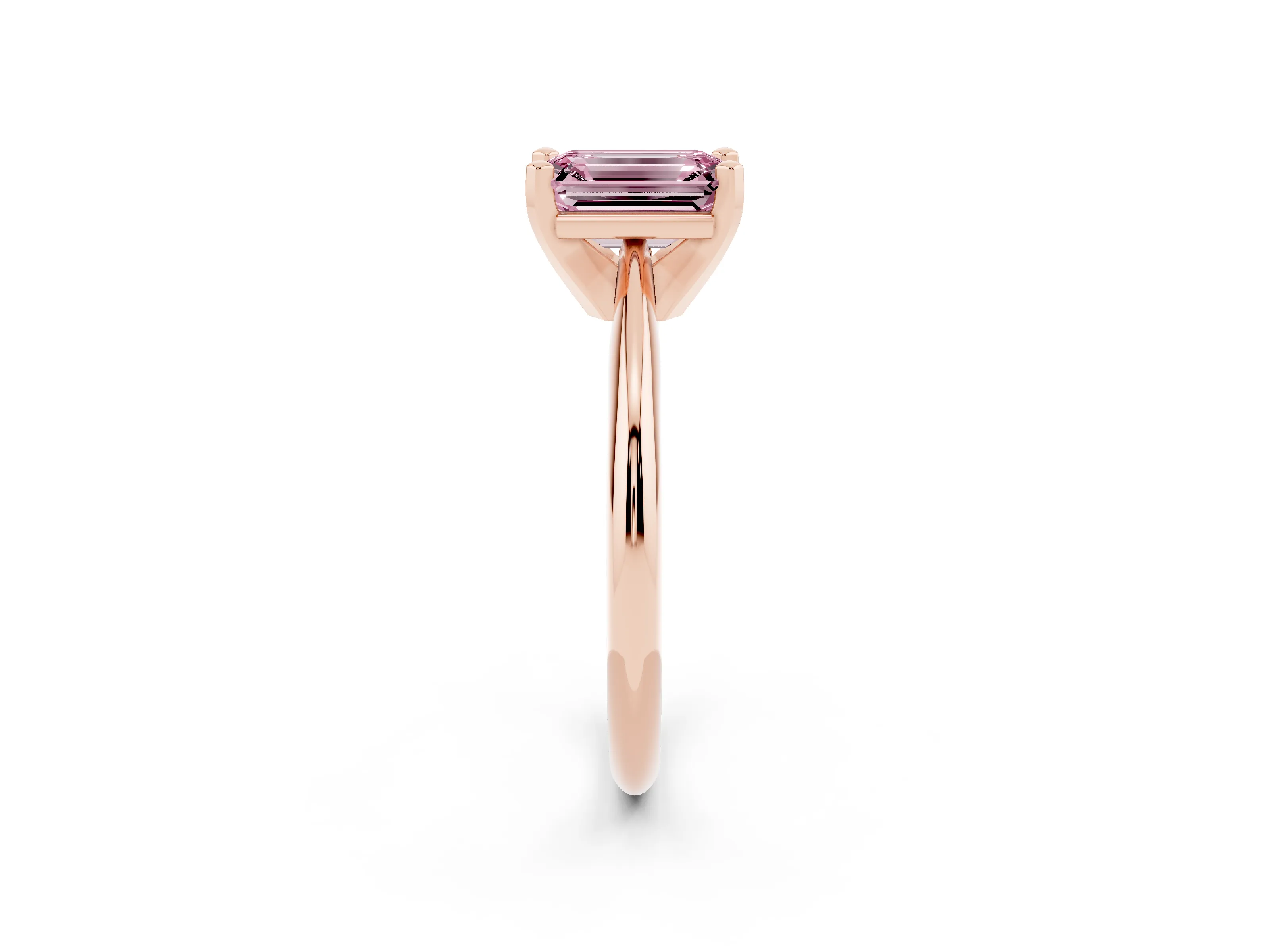 Fancy Pink Emerald Cut Diamond Solitaire Ring Set in Rose gold with Prong Setting on a Plain Round Band
