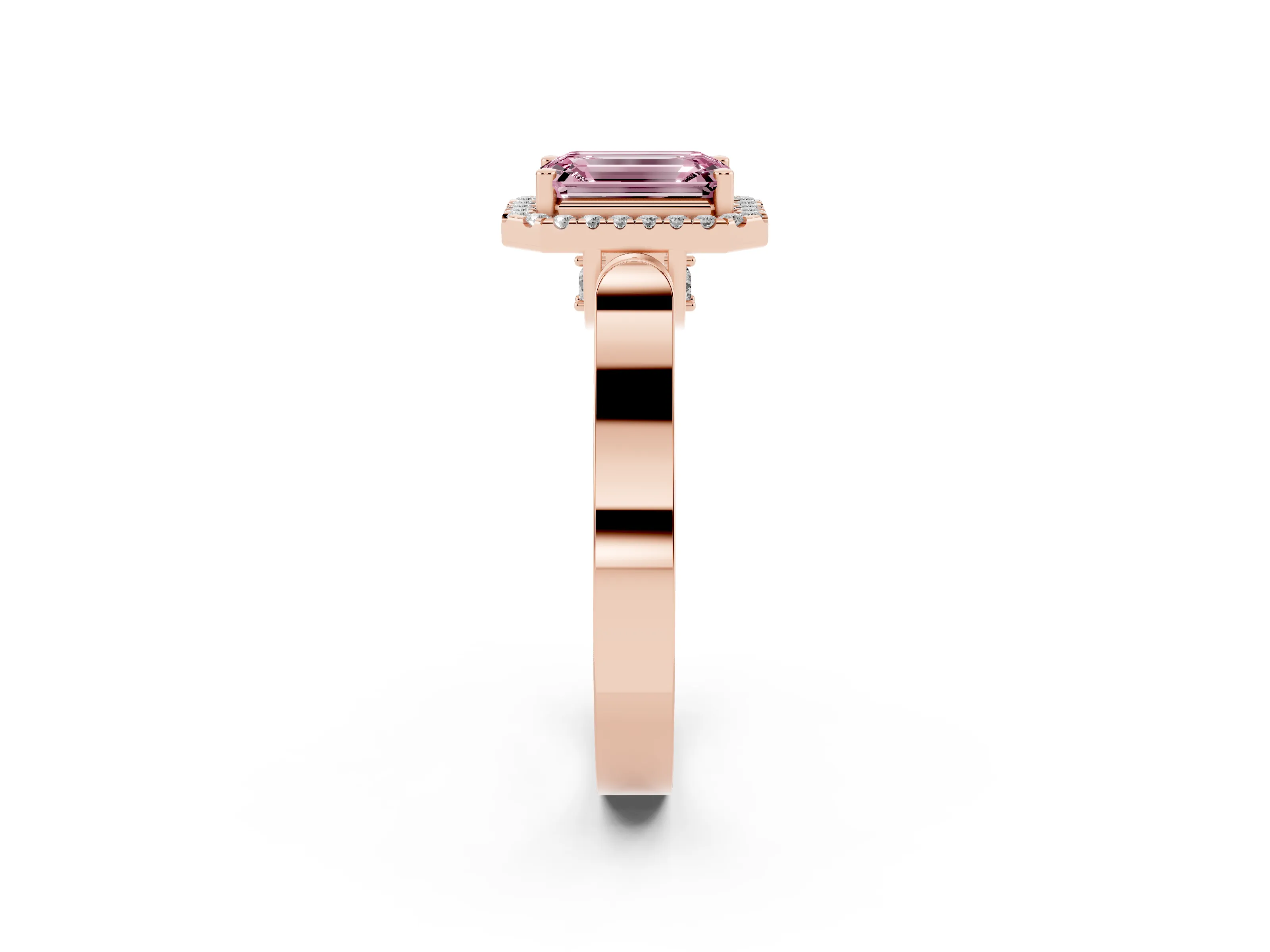 Fancy Pink Emerald Cut Diamond Halo Ring Set in Rose gold with Pavé-Lined Split Shank Band