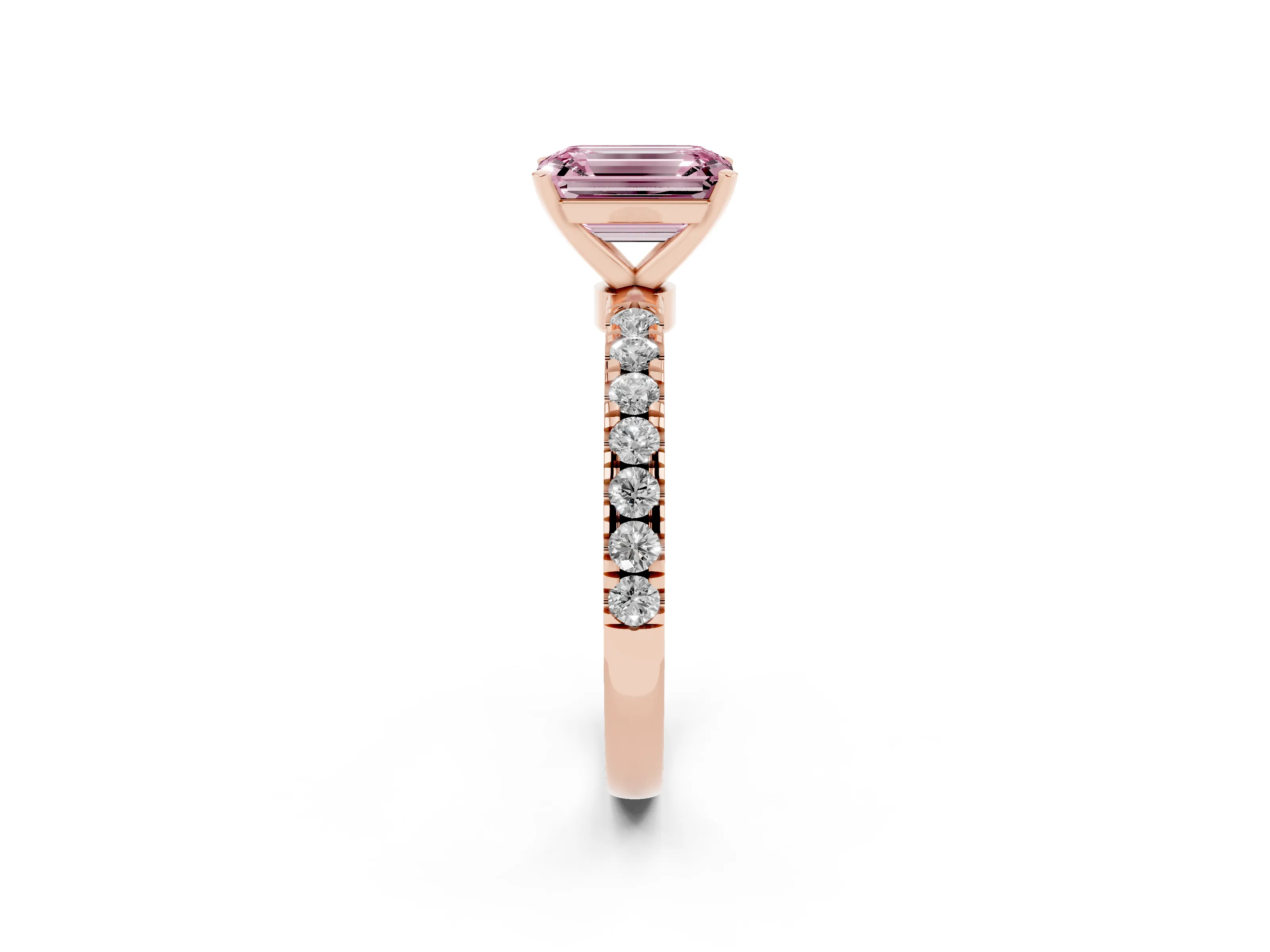 Fancy Pink Emerald Cut Diamond Solitaire Ring Set in Rose gold with Pavé Accents and Prong Setting