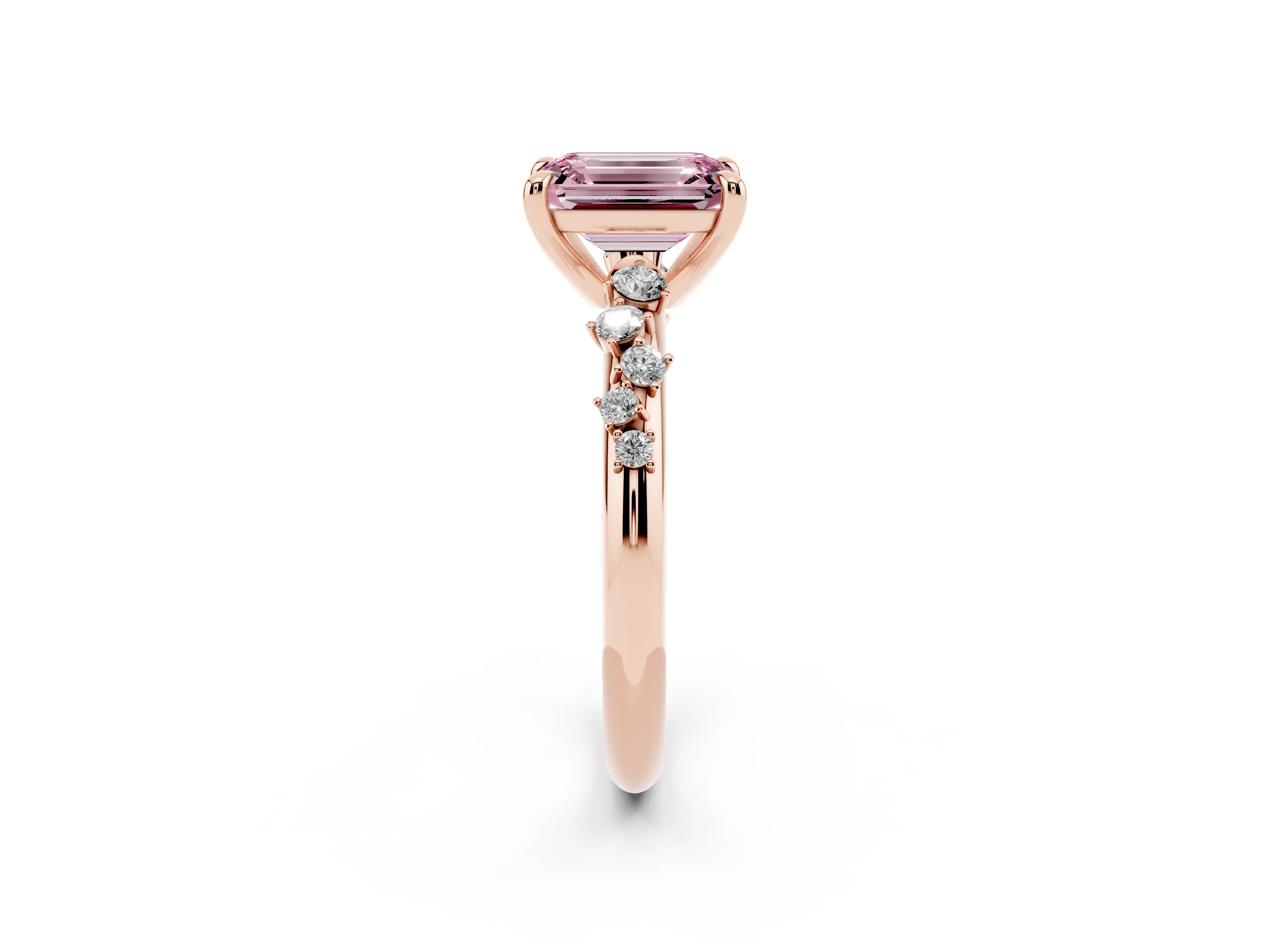 Fancy Pink Emerald Cut Diamond Solitaire Vine Band Ring Set in Rose gold with Round Accents and Prong Setting