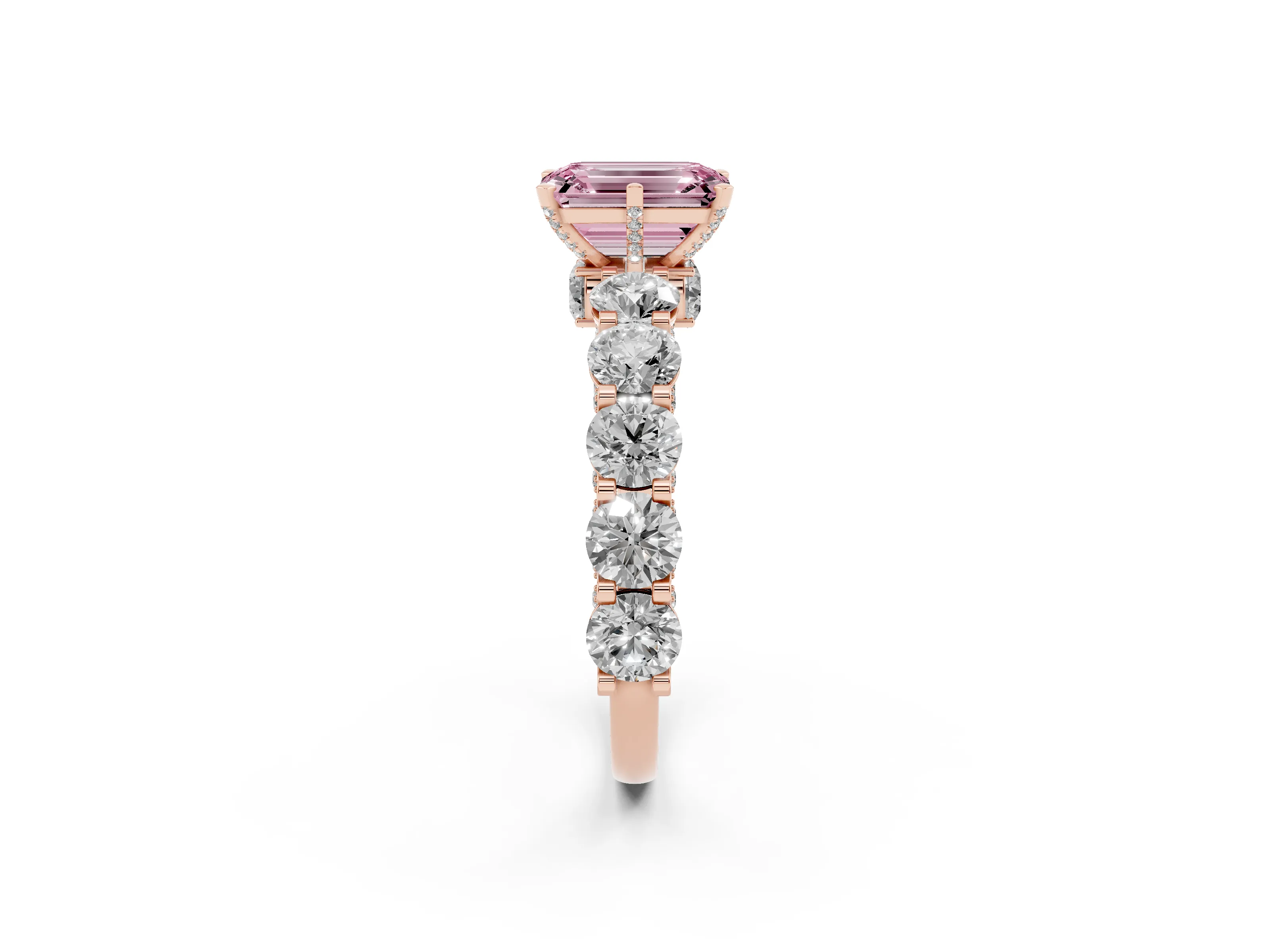 Fancy Pink Emerald Cut Diamond Side Stone Ring Set in Rose gold with Alternating Round and Oval Side Stones