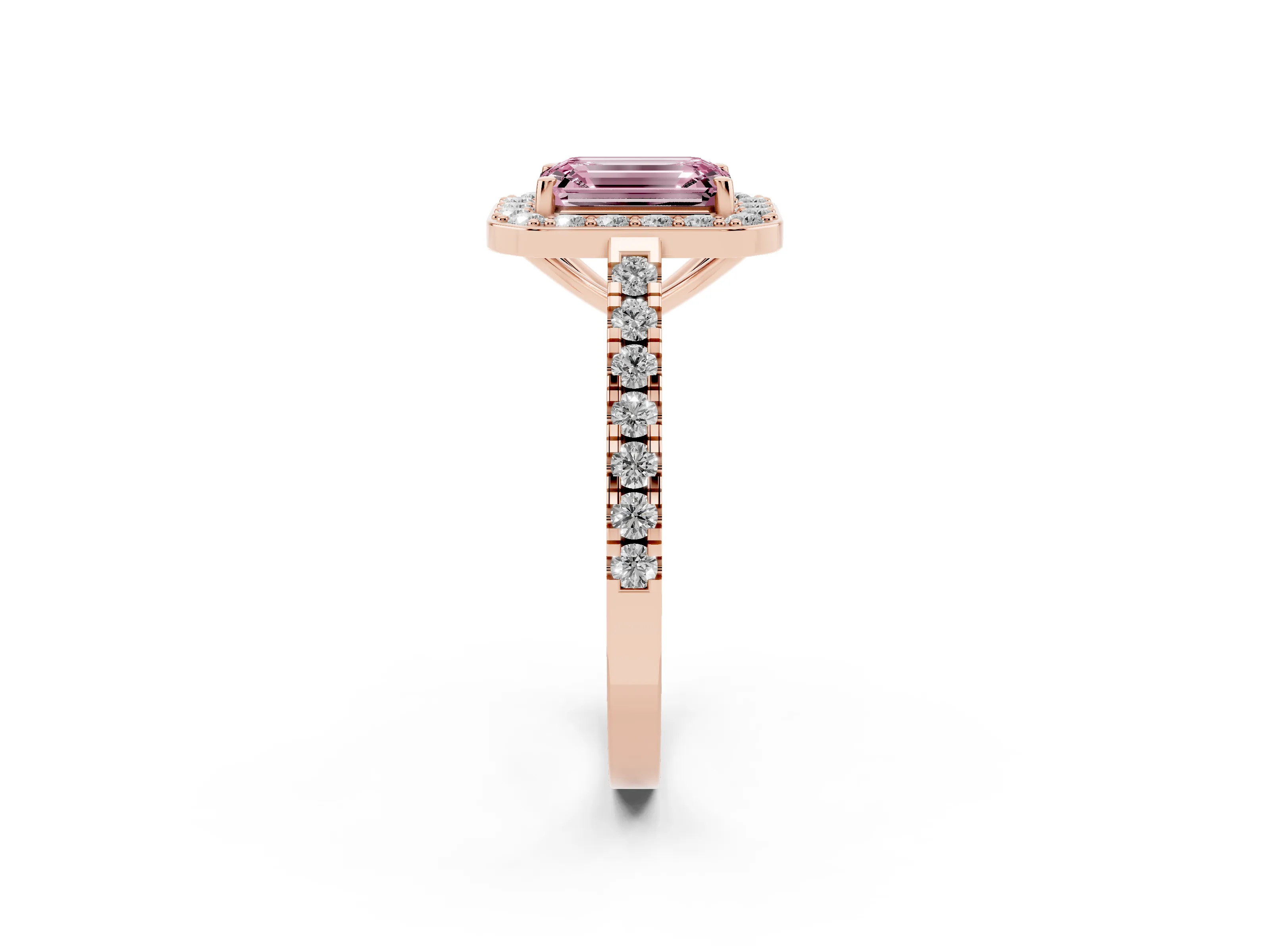 Fancy Pink Emerald Cut Diamond Halo Ring Set in Rose gold with Round Pavé Split Shank and Prong Setting