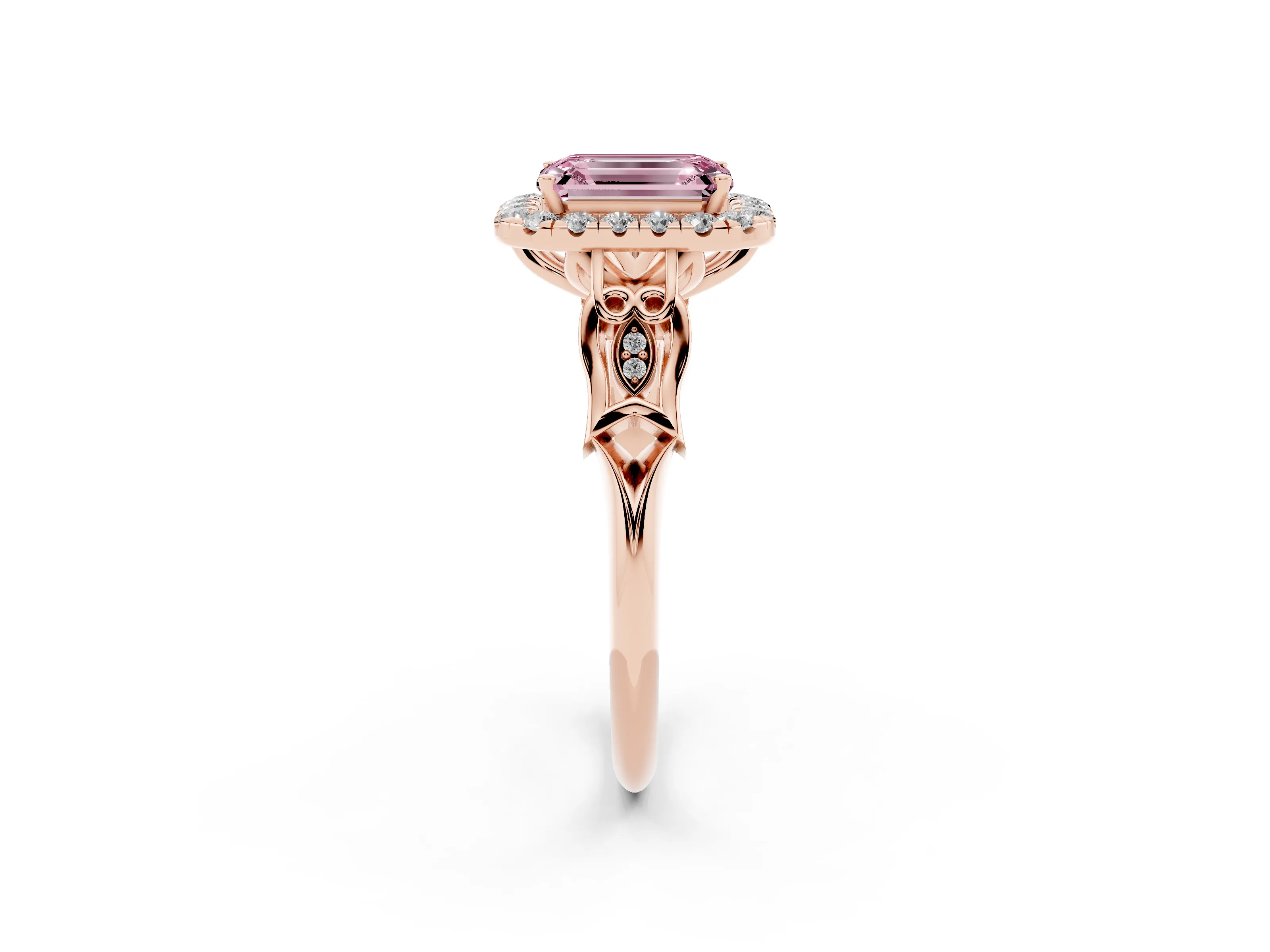 Fancy Pink Emerald Cut Diamond Halo Engagement Ring Set in Rose gold with Filigree Band and Prong-Set Center