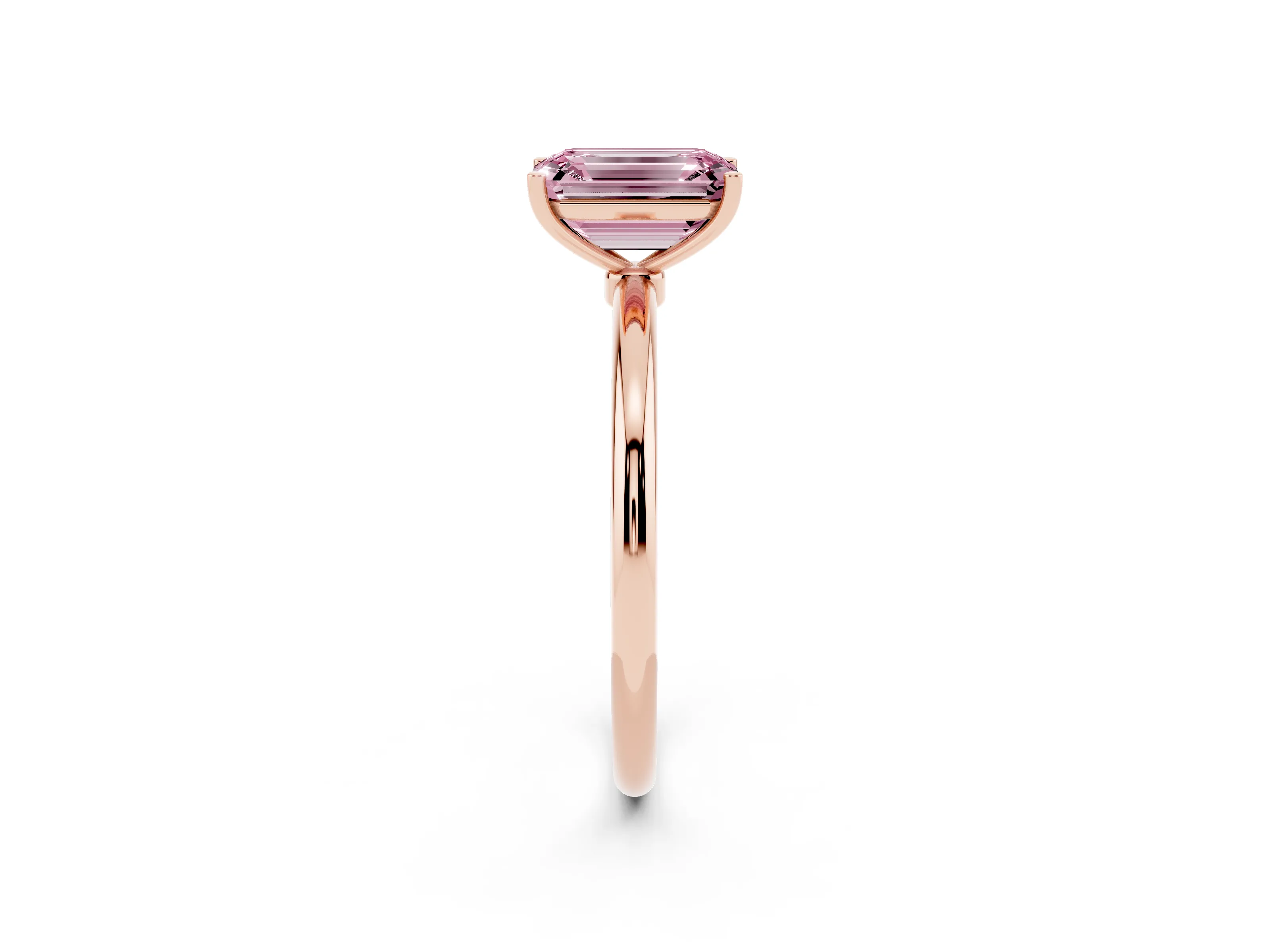 Fancy Pink Emerald Cut Diamond Solitaire Engagement Ring Set in Rose gold with Thin Band and Prong Setting