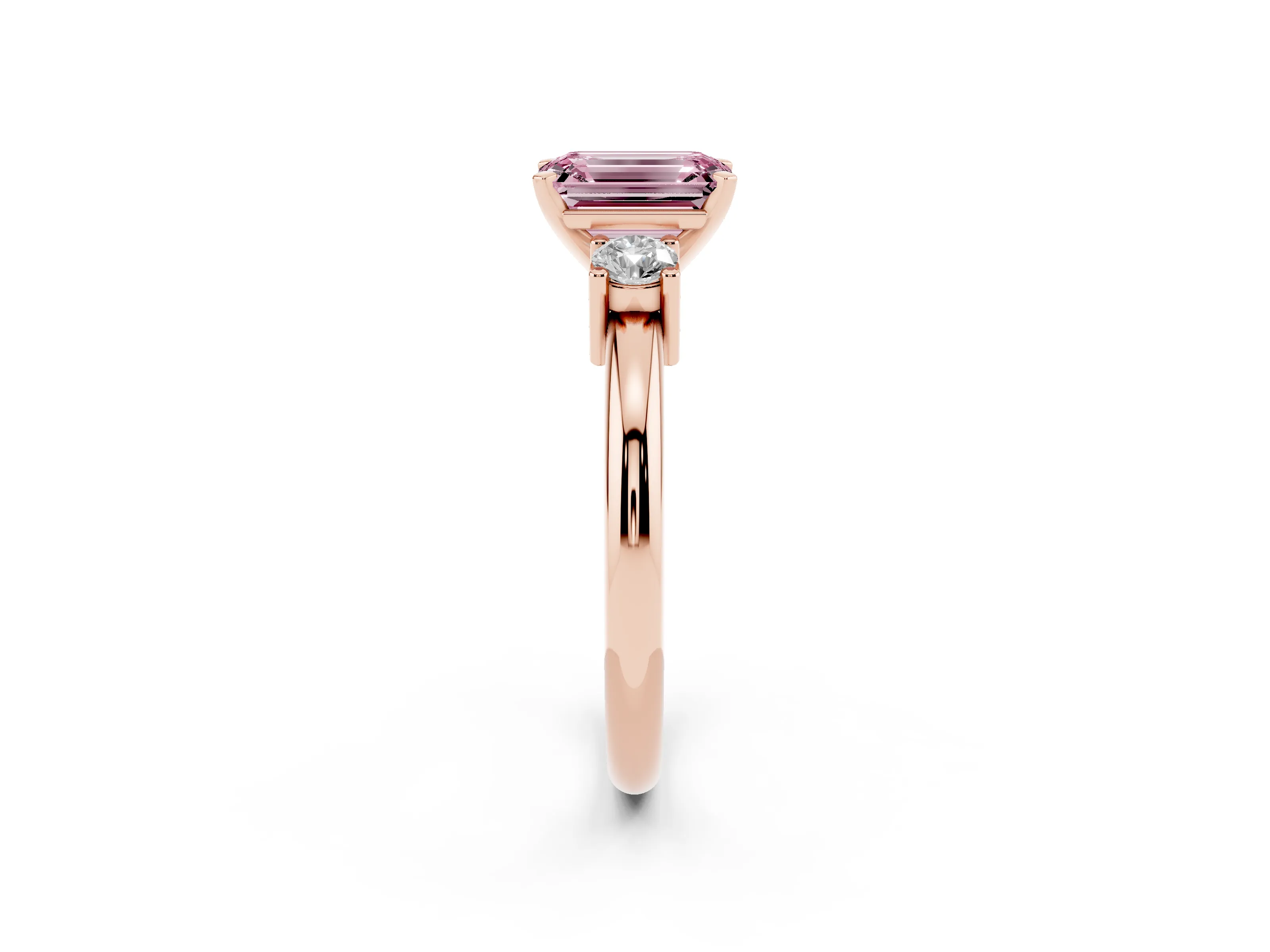 Fancy Pink Three-Stone Emerald Cut Diamond Ring Set in Rose gold with Prong Setting and Plain Band