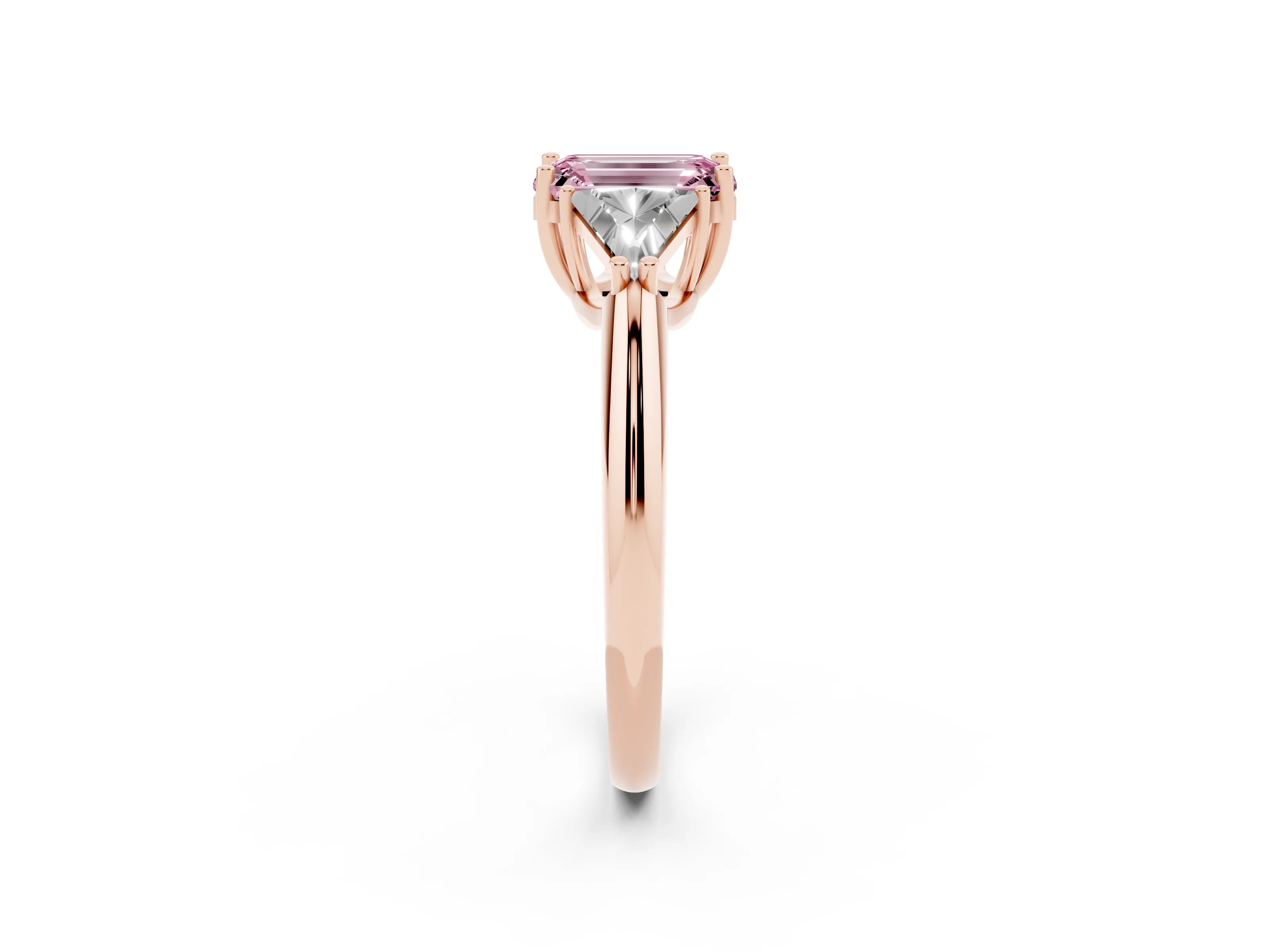 Fancy Pink Emerald Cut Diamond Three-Stone Engagement Ring Set in Rose gold with Trillion Side Stones