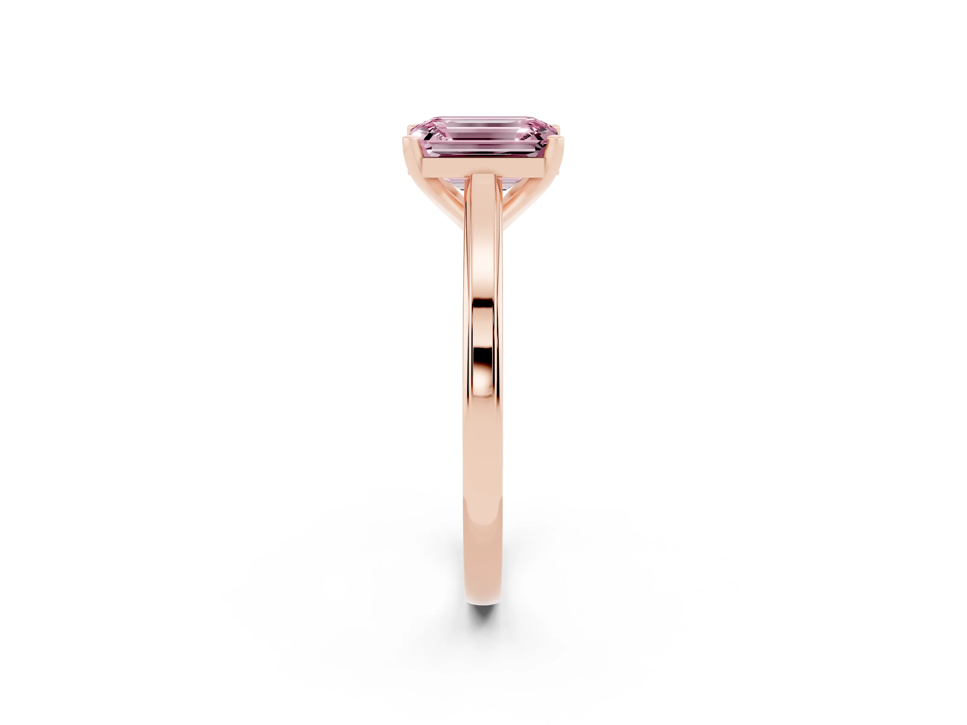 Fancy Pink Emerald Cut Diamond Solitaire Ring Set in Rose gold with Prong Setting and Classic Band