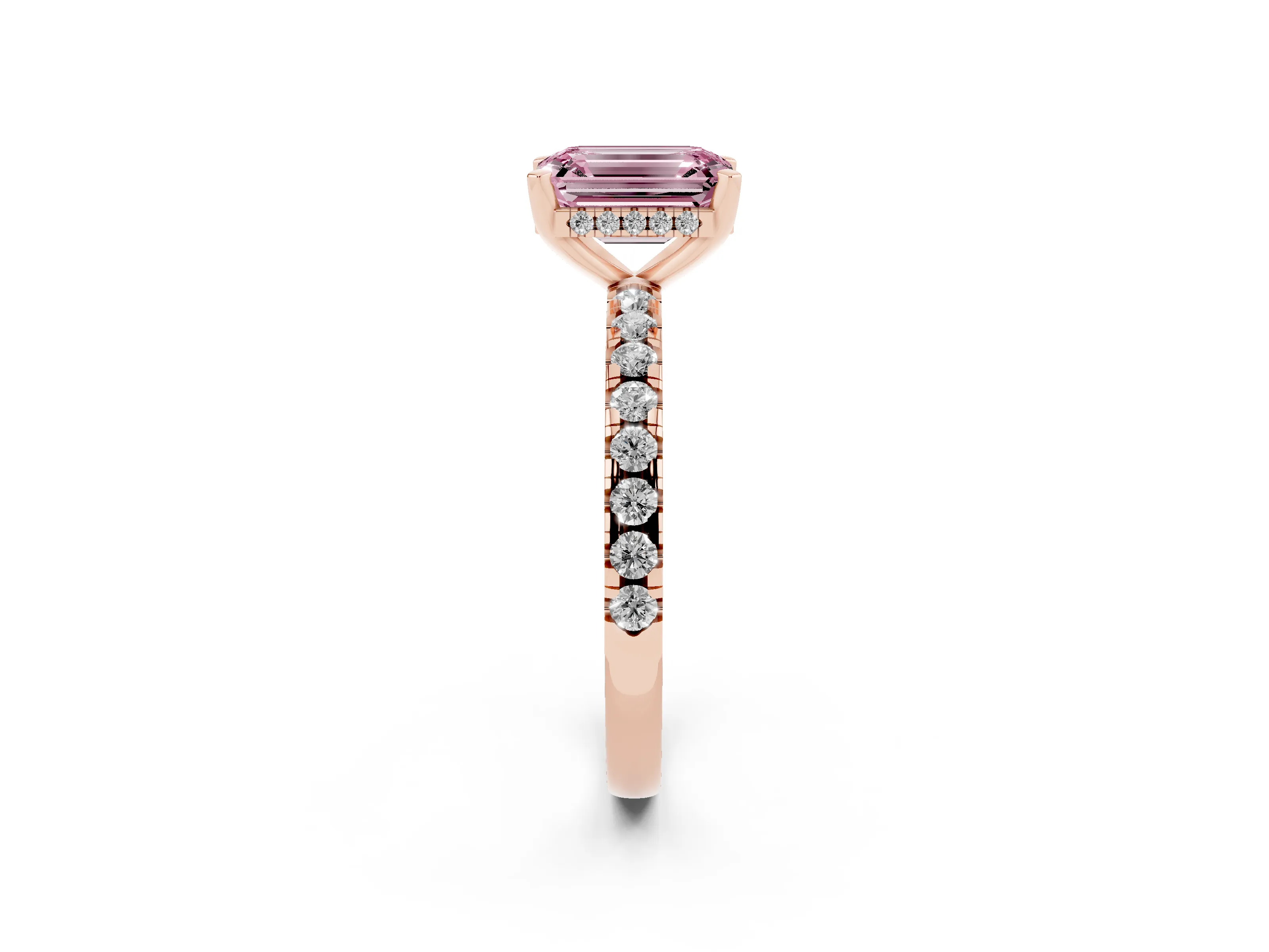 Fancy Pink Emerald Cut Diamond Pavé Solitaire Ring Set in Rose gold with Round Band Accents and Prong Setting