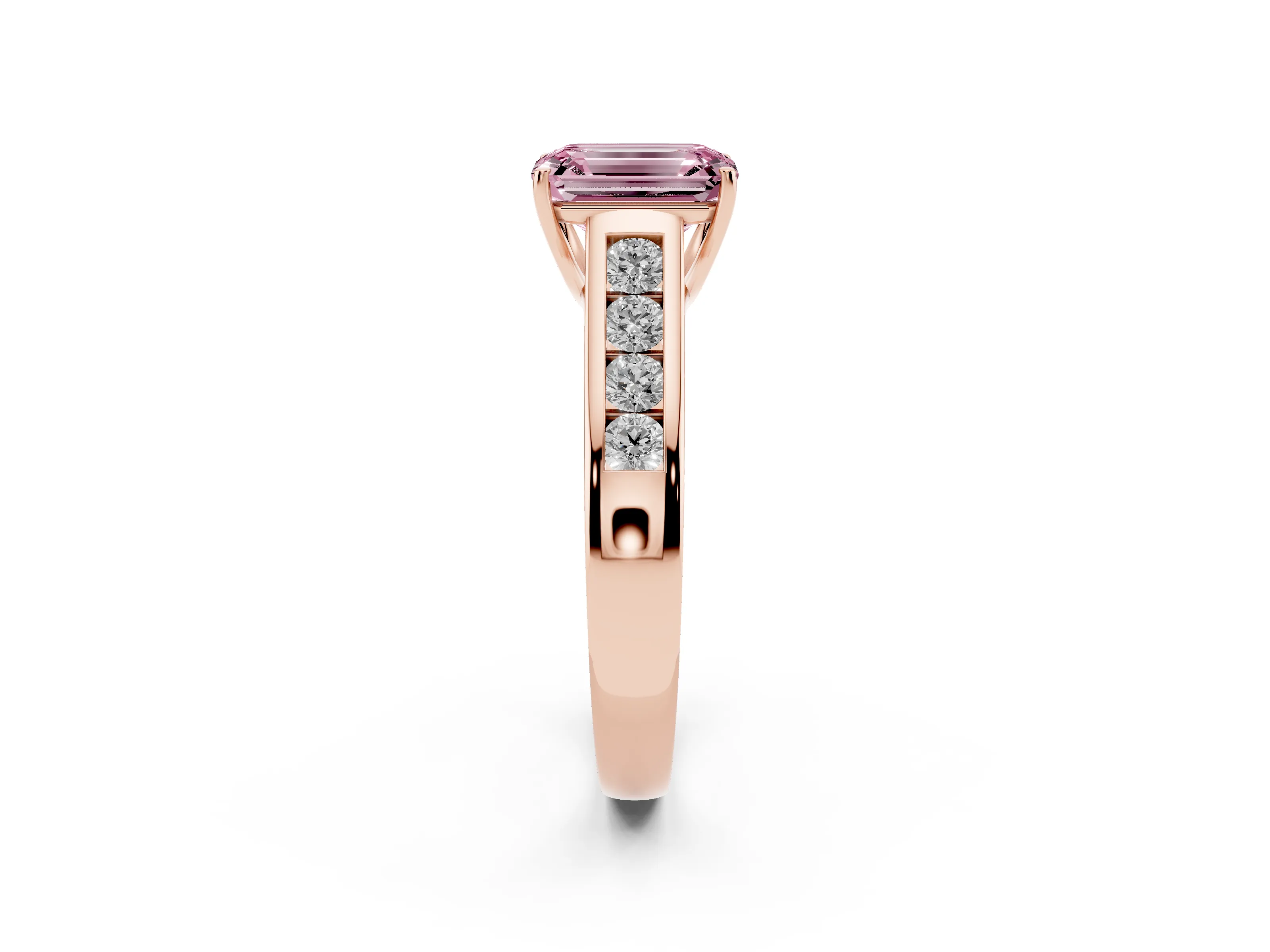 Fancy Pink Emerald Cut Diamond Solitaire Channel-Set Engagement Ring Set in Rose gold with Prong Setting