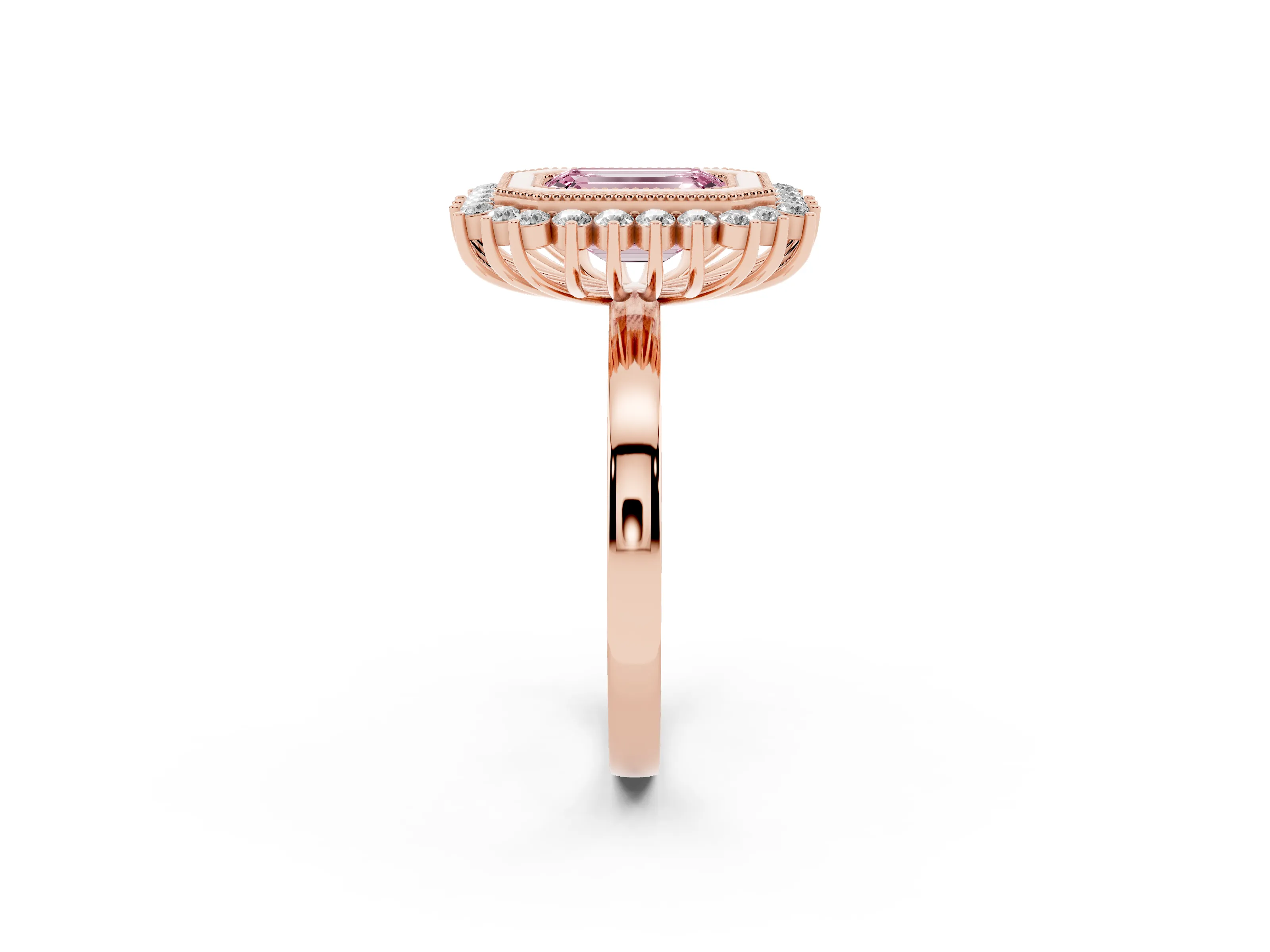 Fancy Pink Emerald Cut Diamond Halo Ring Set in Rose gold with Milgrain Edge and Round Prong Setting