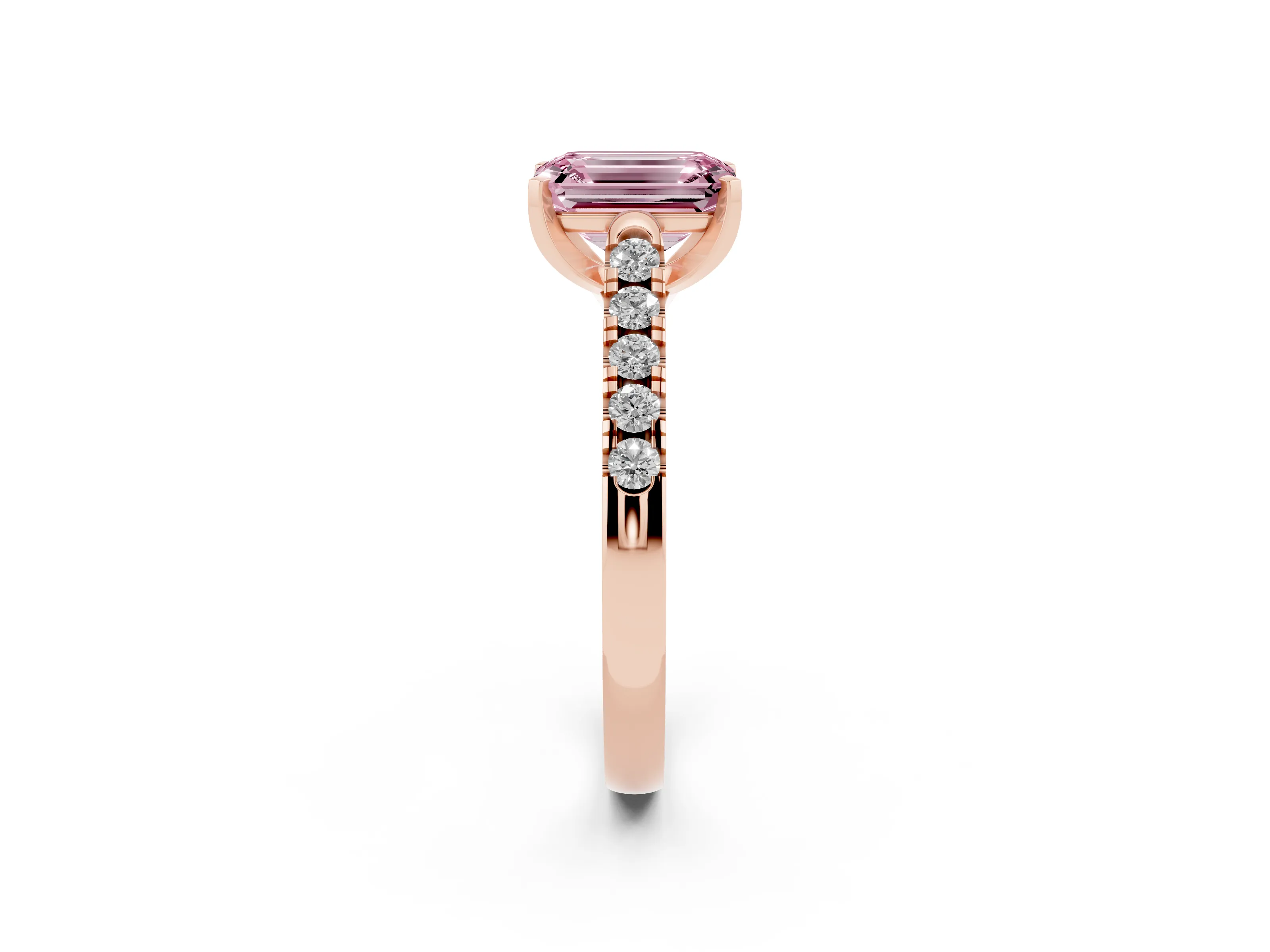 Fancy Pink Emerald Cut Diamond Pavé Band Solitaire Ring Set in Rose gold with Partway Accent Stones and Prong Setting