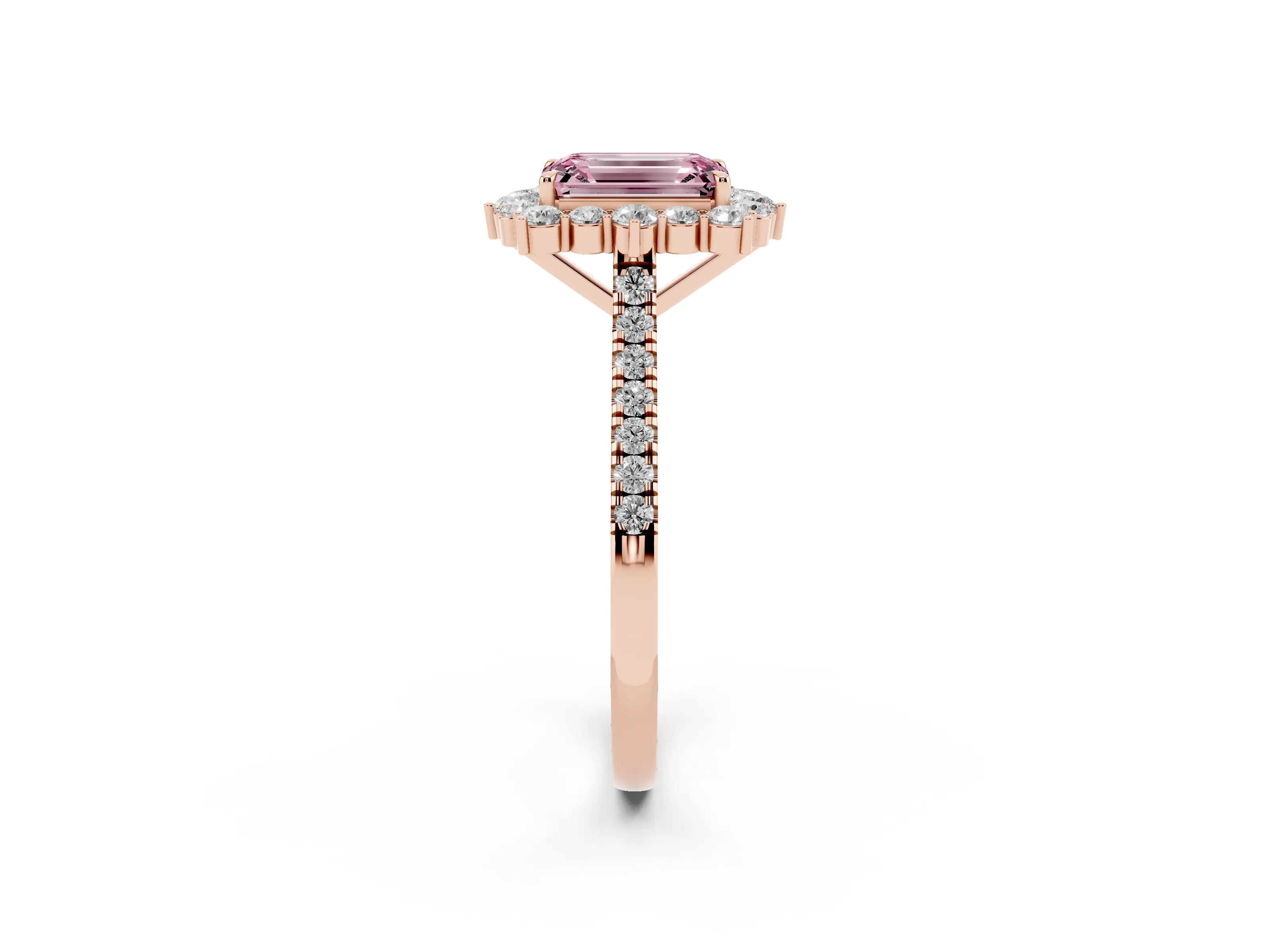 Fancy Pink Emerald Cut Diamond Halo Ring Set in Rose gold with Pavé Band and Prong Setting