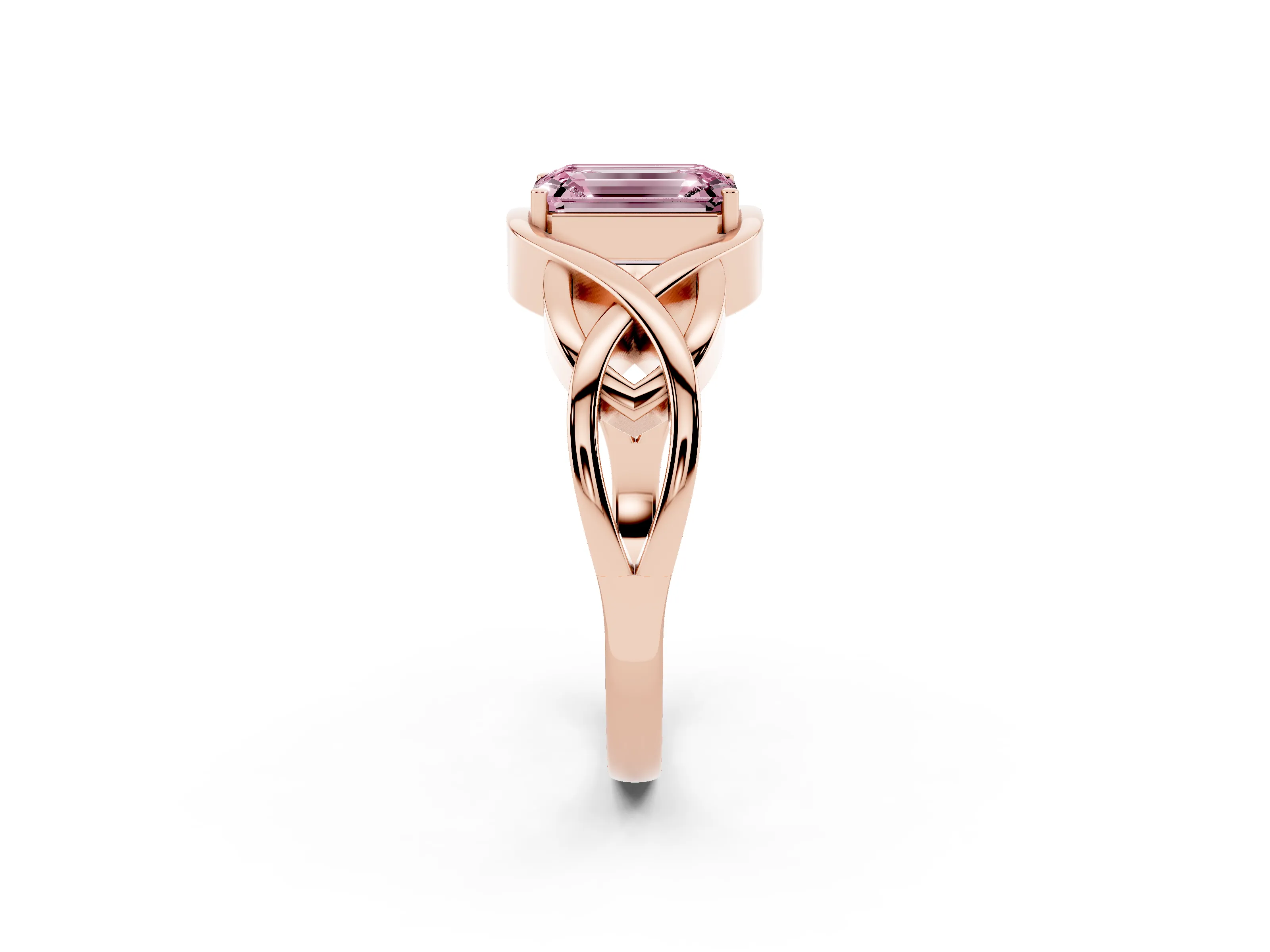 Fancy Pink Emerald Cut Diamond Solitaire Ring Set in Rose gold with Intertwined Band