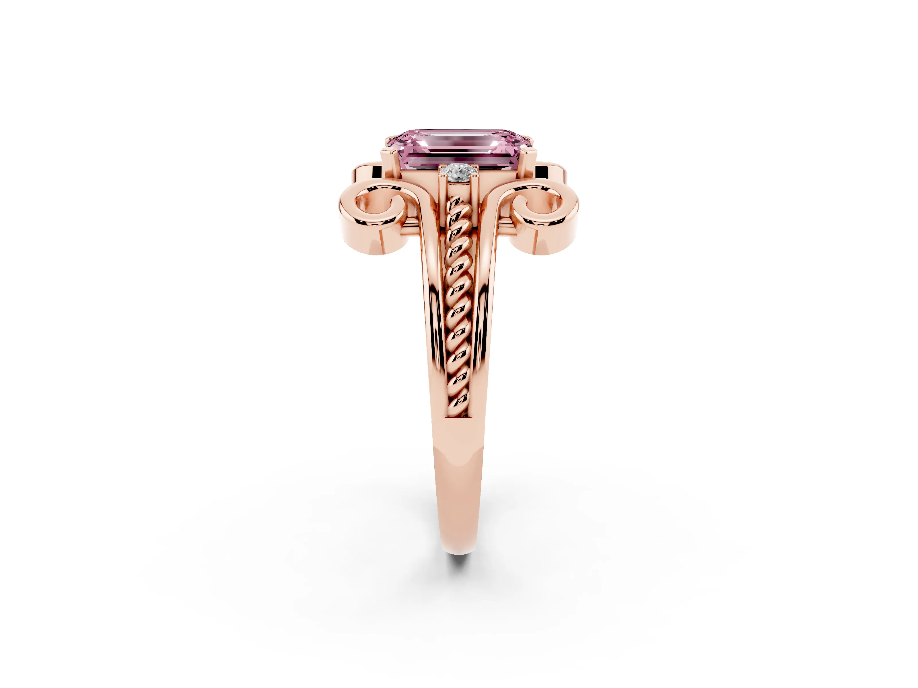 Fancy Pink Emerald Cut Diamond Twisted Band Solitaire Ring Set in Rose gold with Scroll Prongs