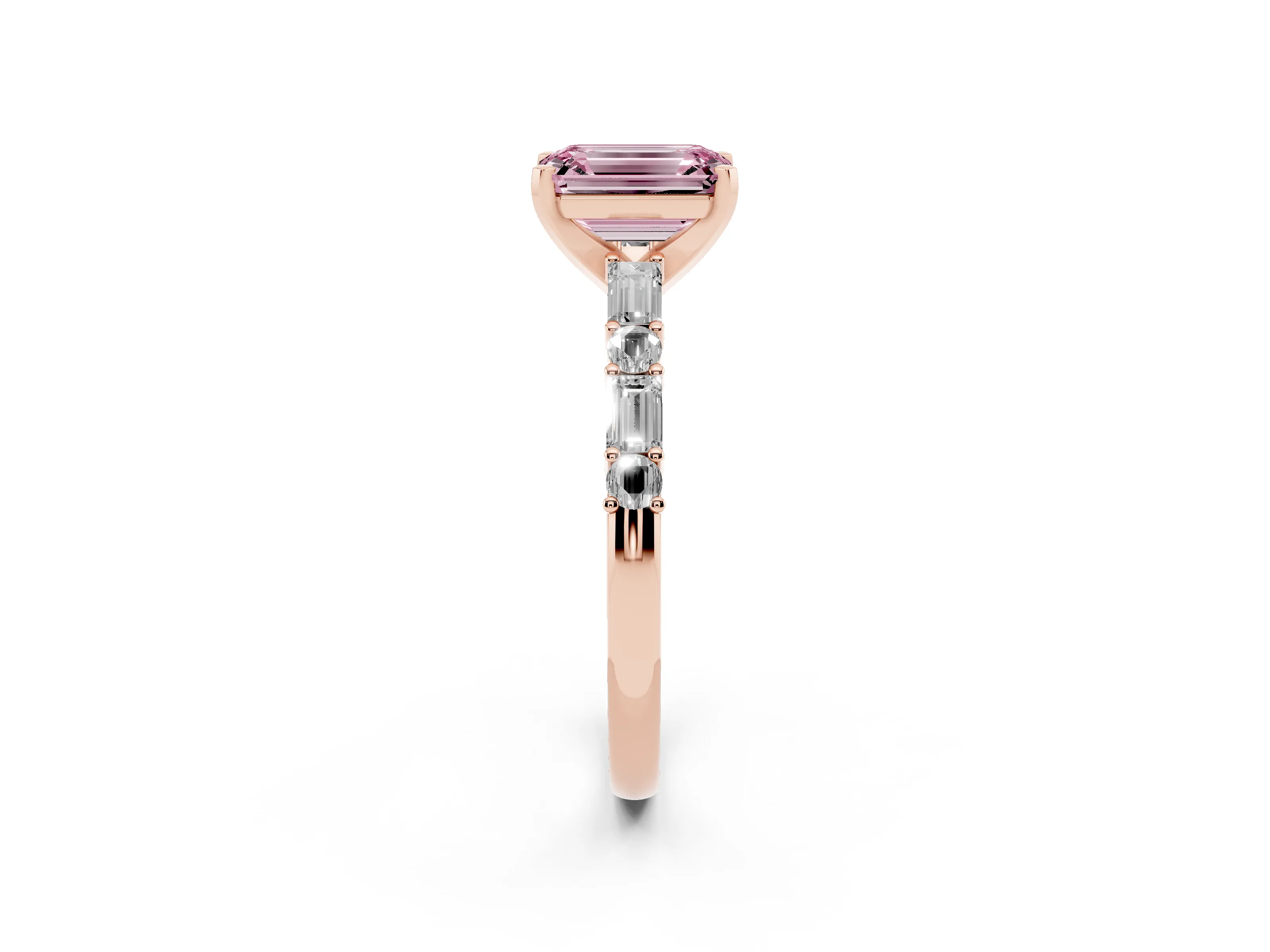 Fancy Pink Emerald Cut Diamond Solitaire Set in Rose gold with Side Baguettes and Channel Set Band
