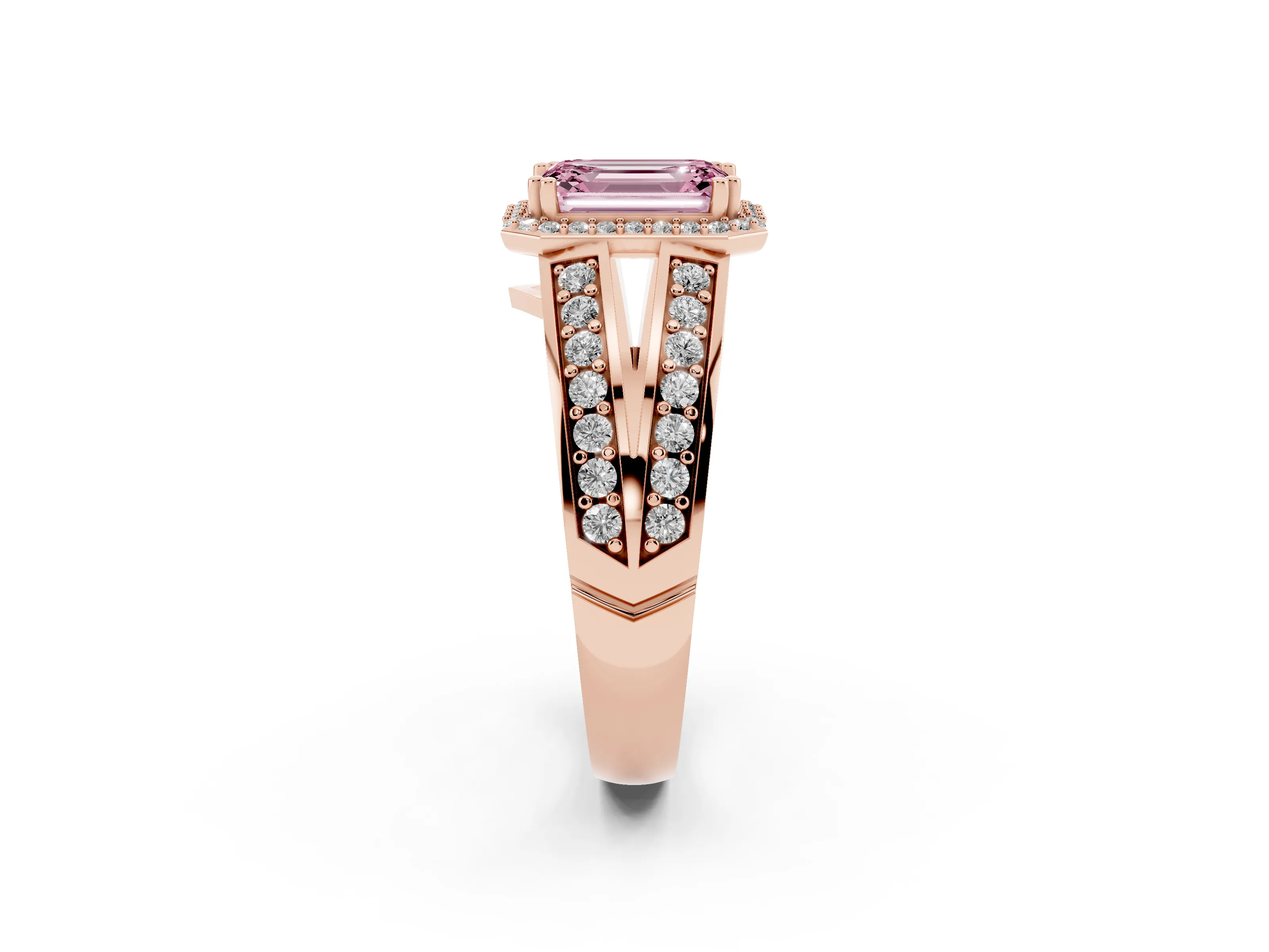 Fancy Pink Emerald Cut Diamond Halo Ring Set in Rose gold with Double Pavé Split Shank