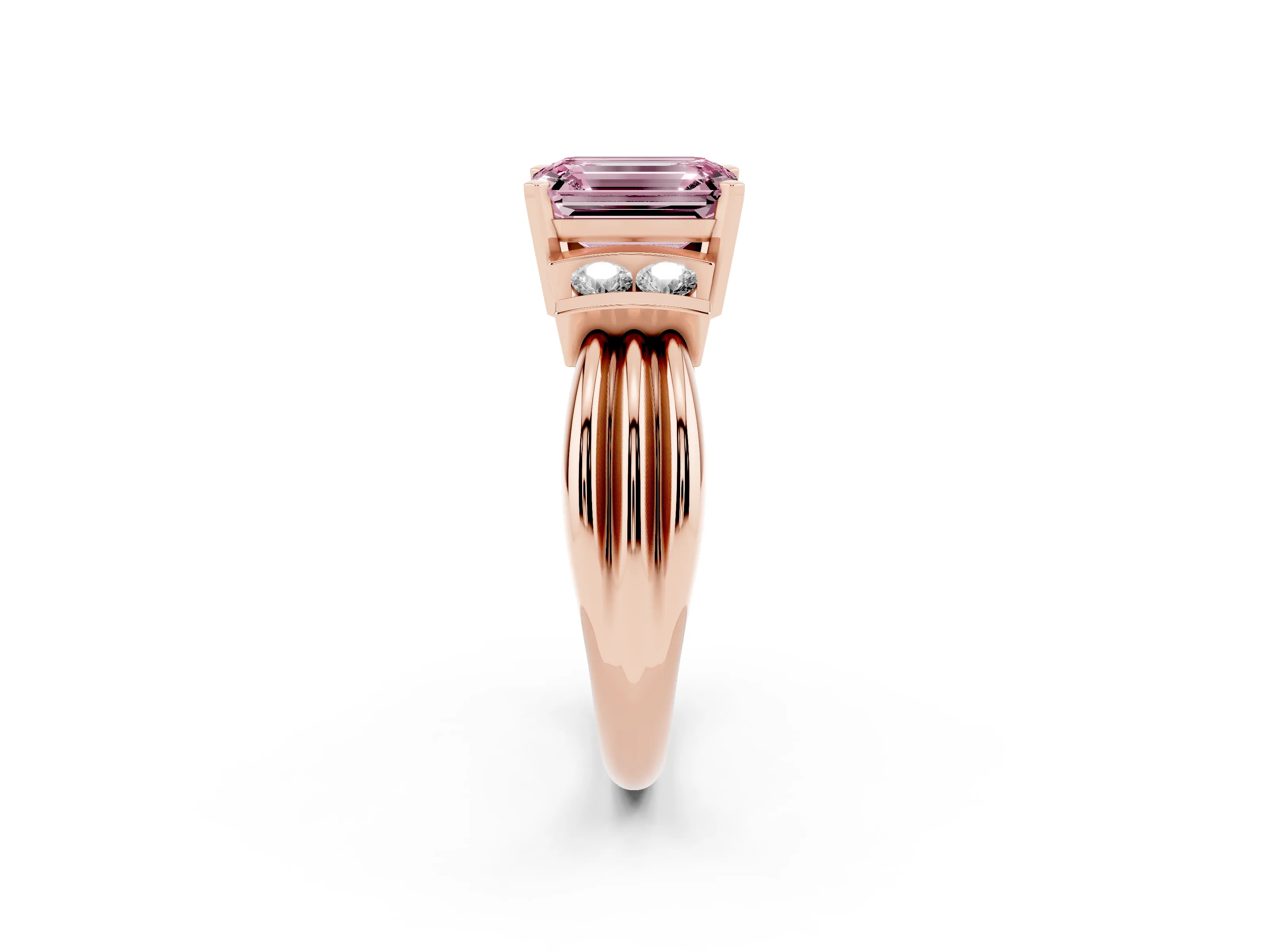 Fancy Pink Three-Stone Emerald Cut Diamond Channel Set Ring Set in Rose gold with Bar Prongs