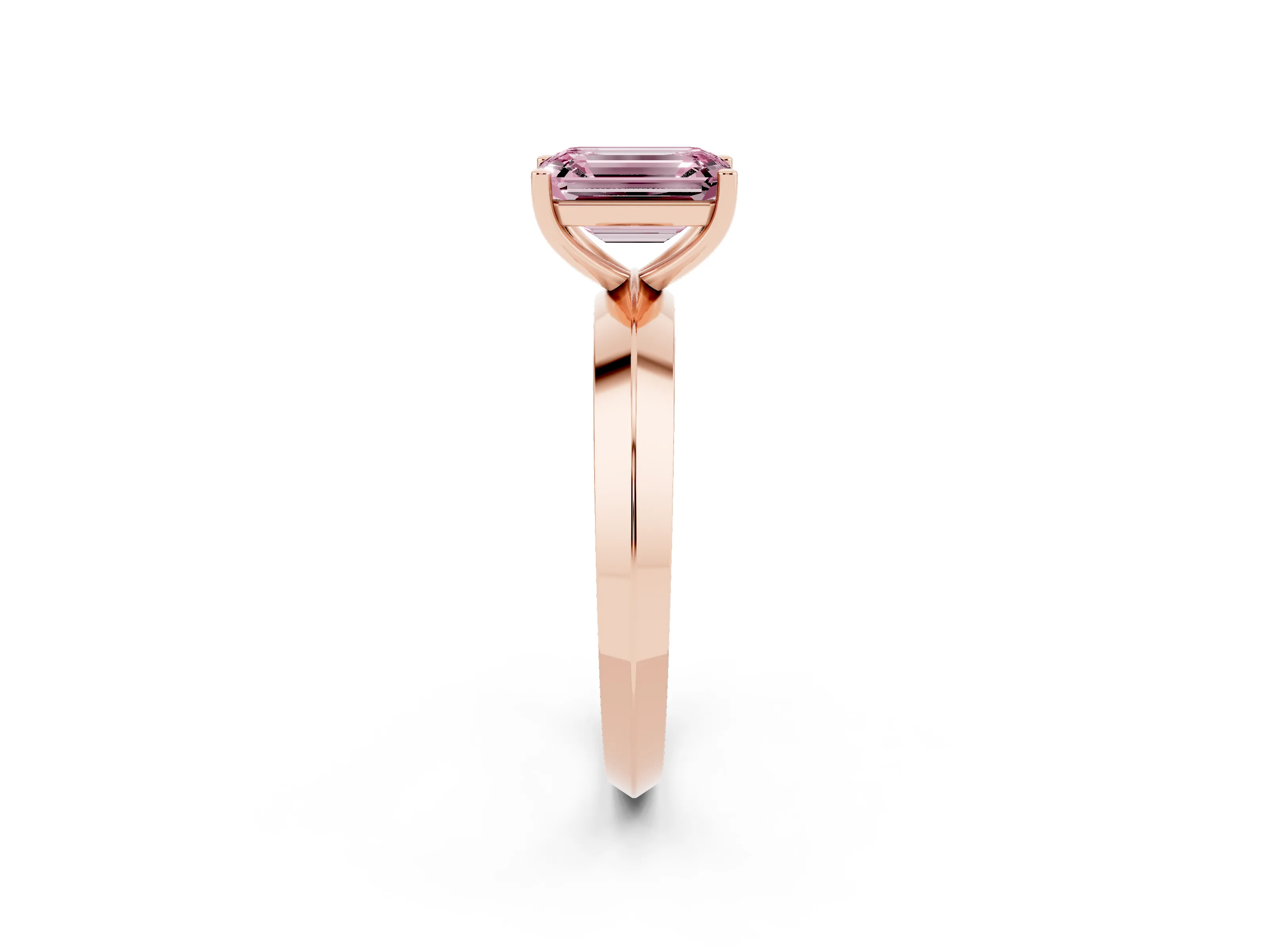 Fancy Pink Emerald Cut Diamond Solitaire Engagement Ring Set in Rose gold with Flat Band and Prong Setting