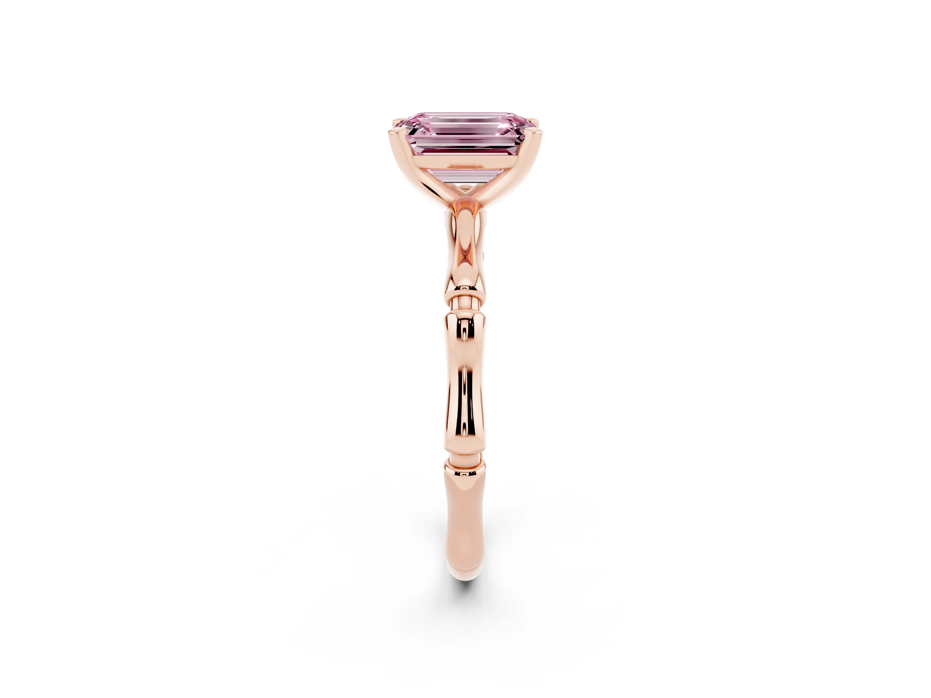 Fancy Pink Emerald Cut Diamond Solitaire Ring Set in Rose gold with Bamboo Band and Prong Setting