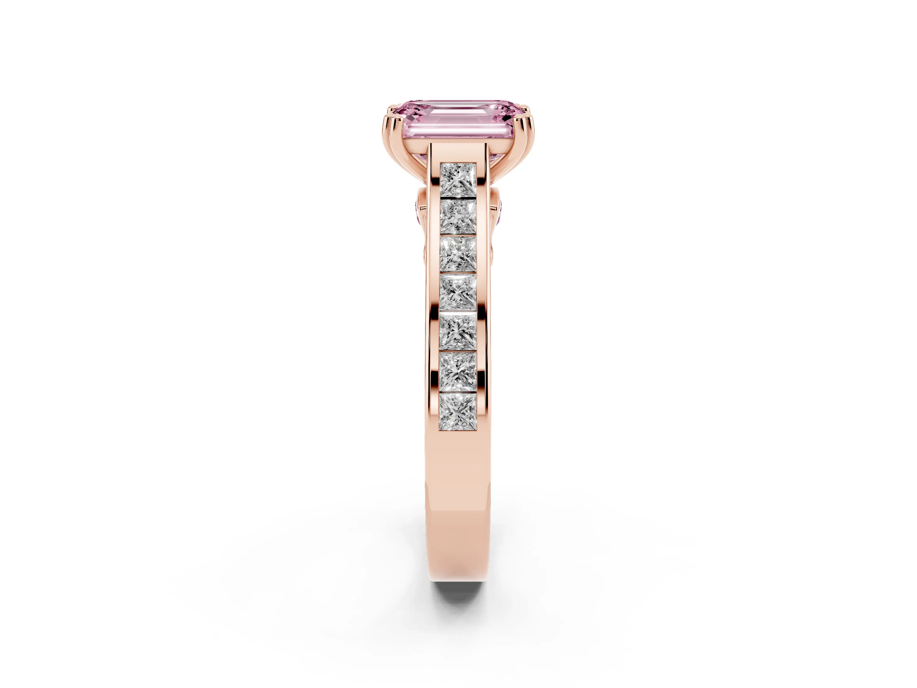 Fancy Pink Emerald Cut Diamond Channel Set Solitaire Engagement Ring Set in Rose gold with Prong Setting