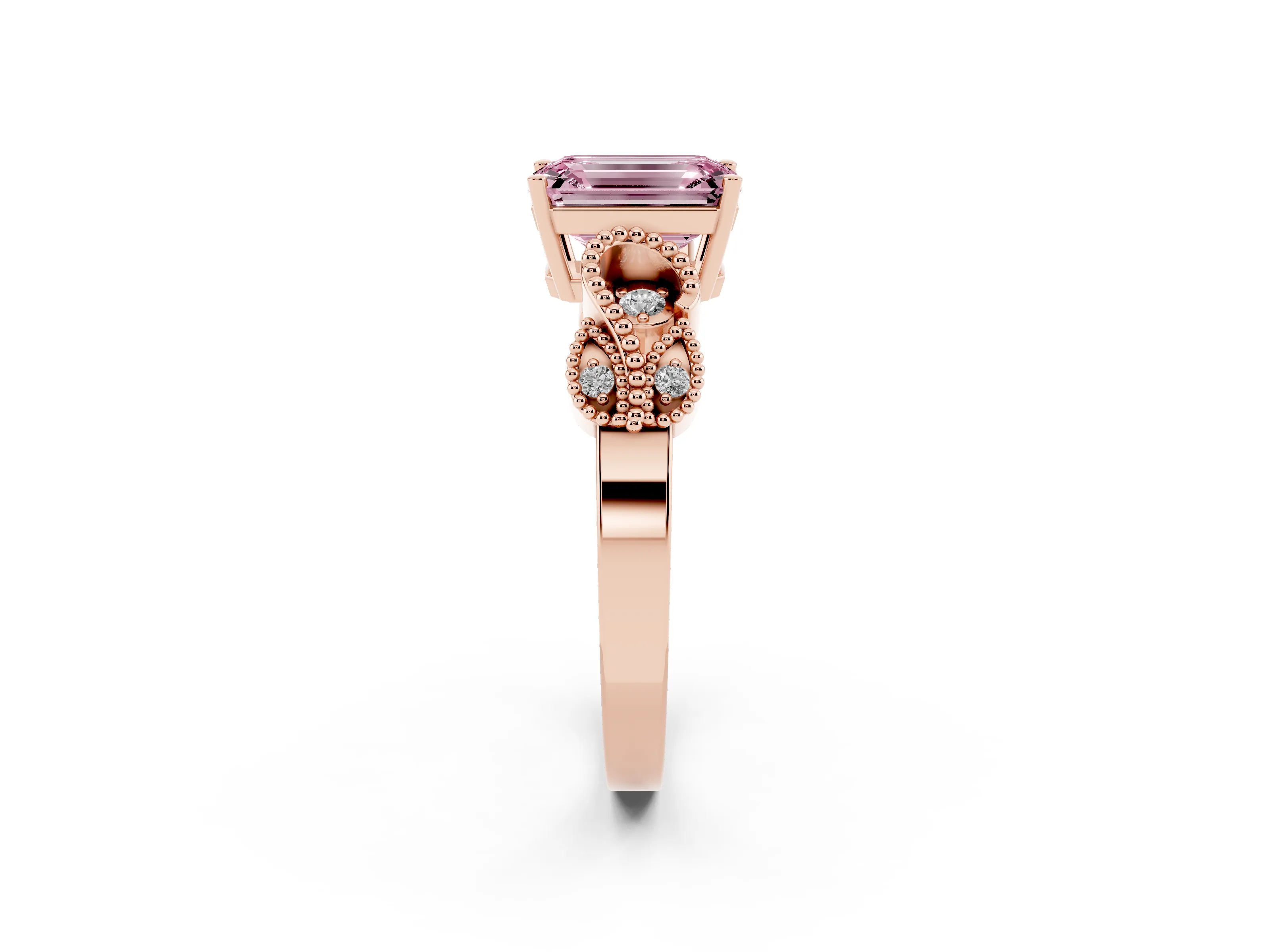 Fancy Pink Emerald Cut Diamond Milgrain Leaf Band Solitaire Ring Set in Rose gold with Accent Stones and Prong Setting