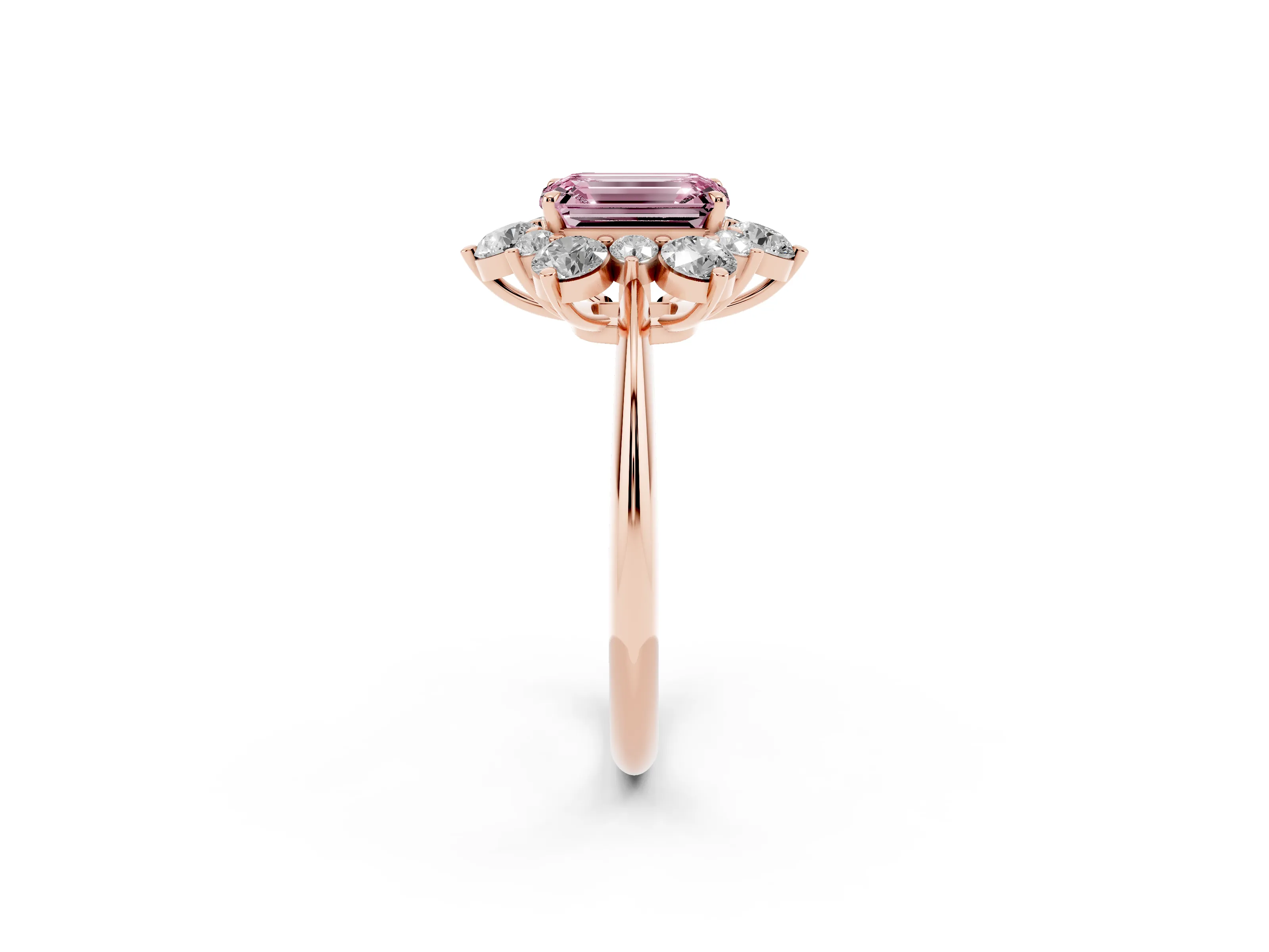 Fancy Pink Emerald Cut Diamond Cluster Halo Ring Set in Rose gold with Solitaire Band and Prong Setting