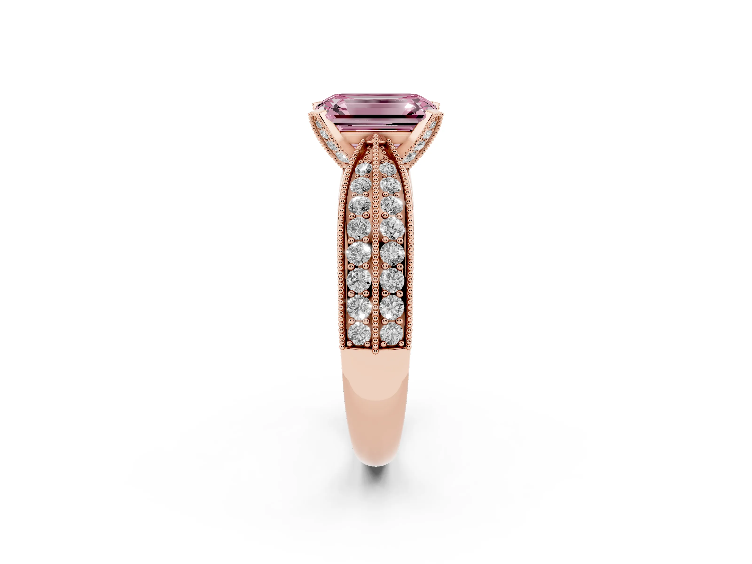 Fancy Pink Emerald Cut Diamond Solitaire Ring Set in Rose gold with Milgrain Double Row Round Pavé Band