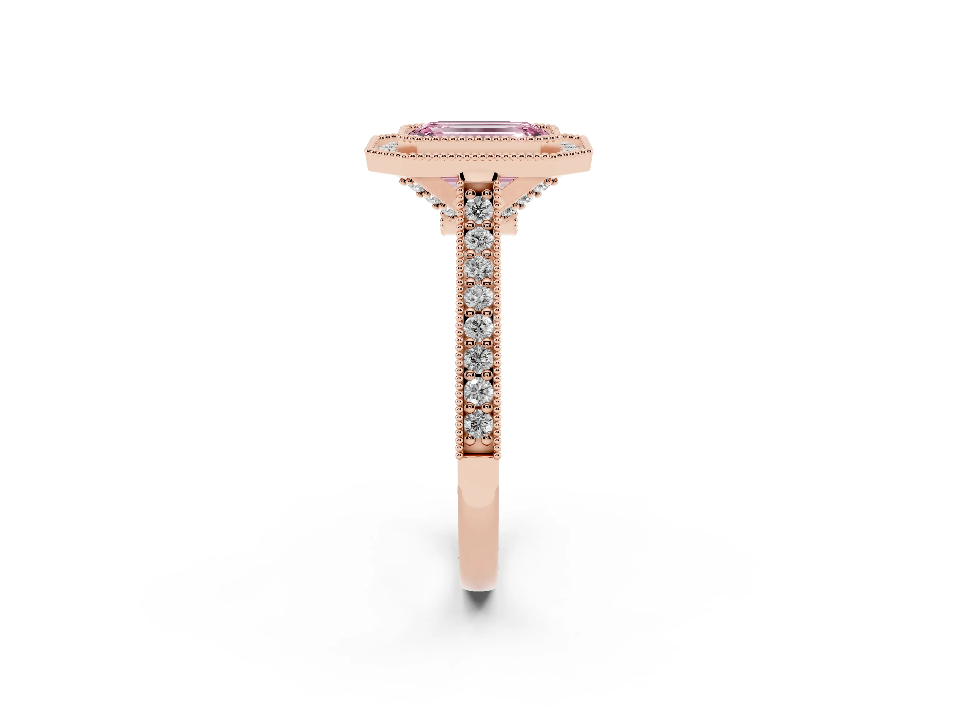 Fancy Pink Emerald Cut Diamond Halo Milgrain Pavé Band Ring Set in Rose gold with Prong Setting