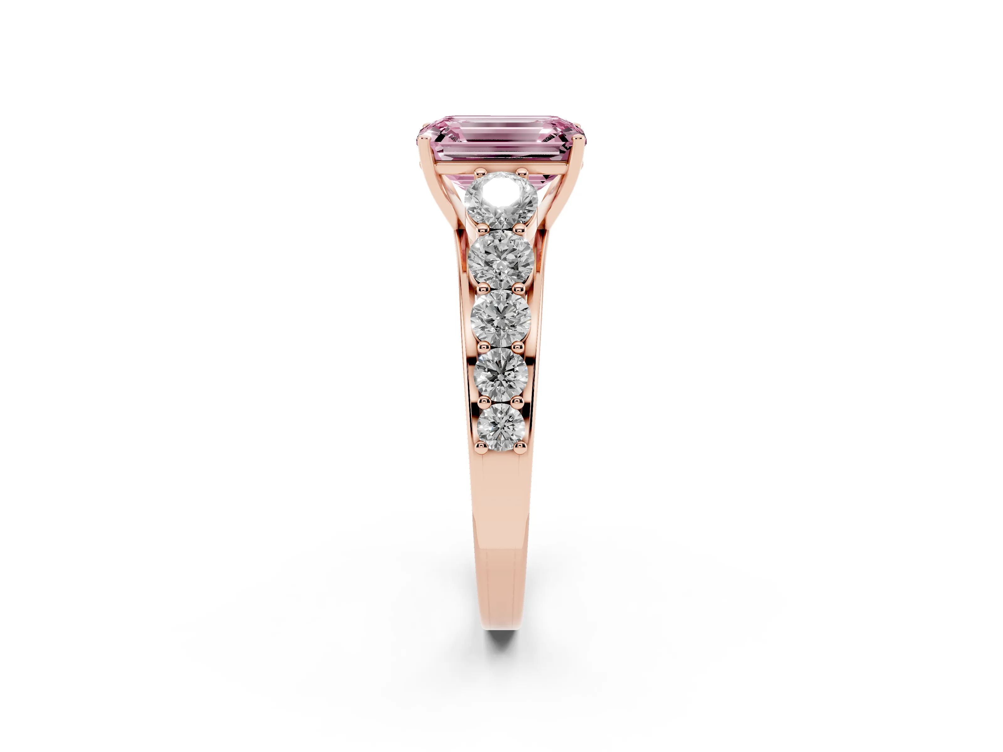 Fancy Pink Emerald Cut Diamond Solitaire Ring Set in Rose gold with Pavé-Set Band and Prong Setting