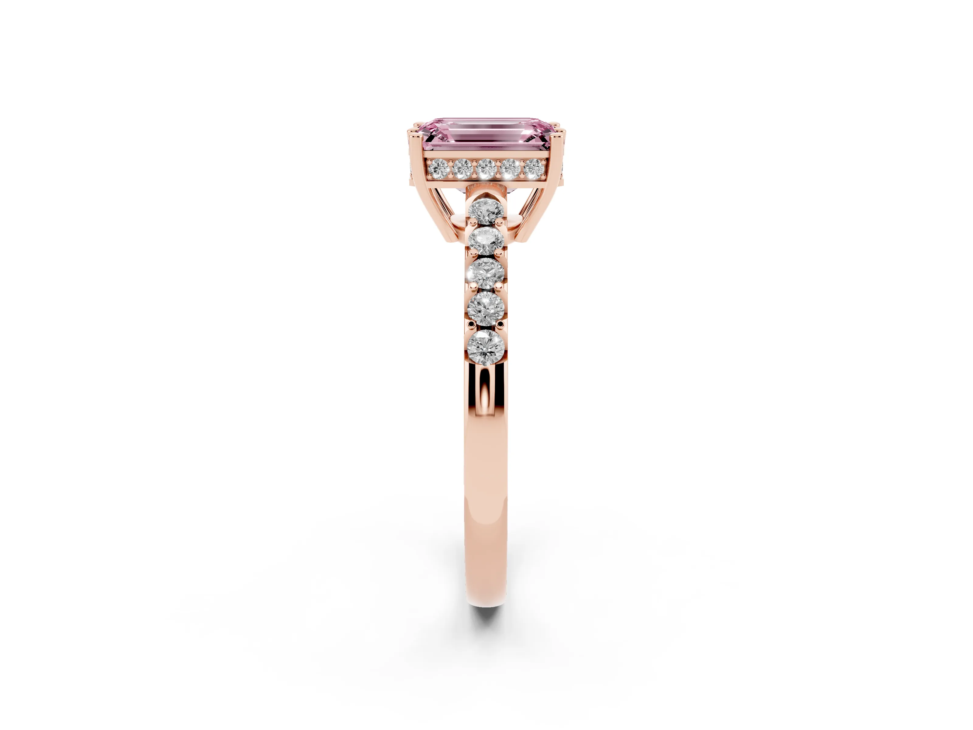 Fancy Pink Emerald Cut Diamond Solitaire Engagement Ring Set in Rose gold with Pavé Band and Prong Setting