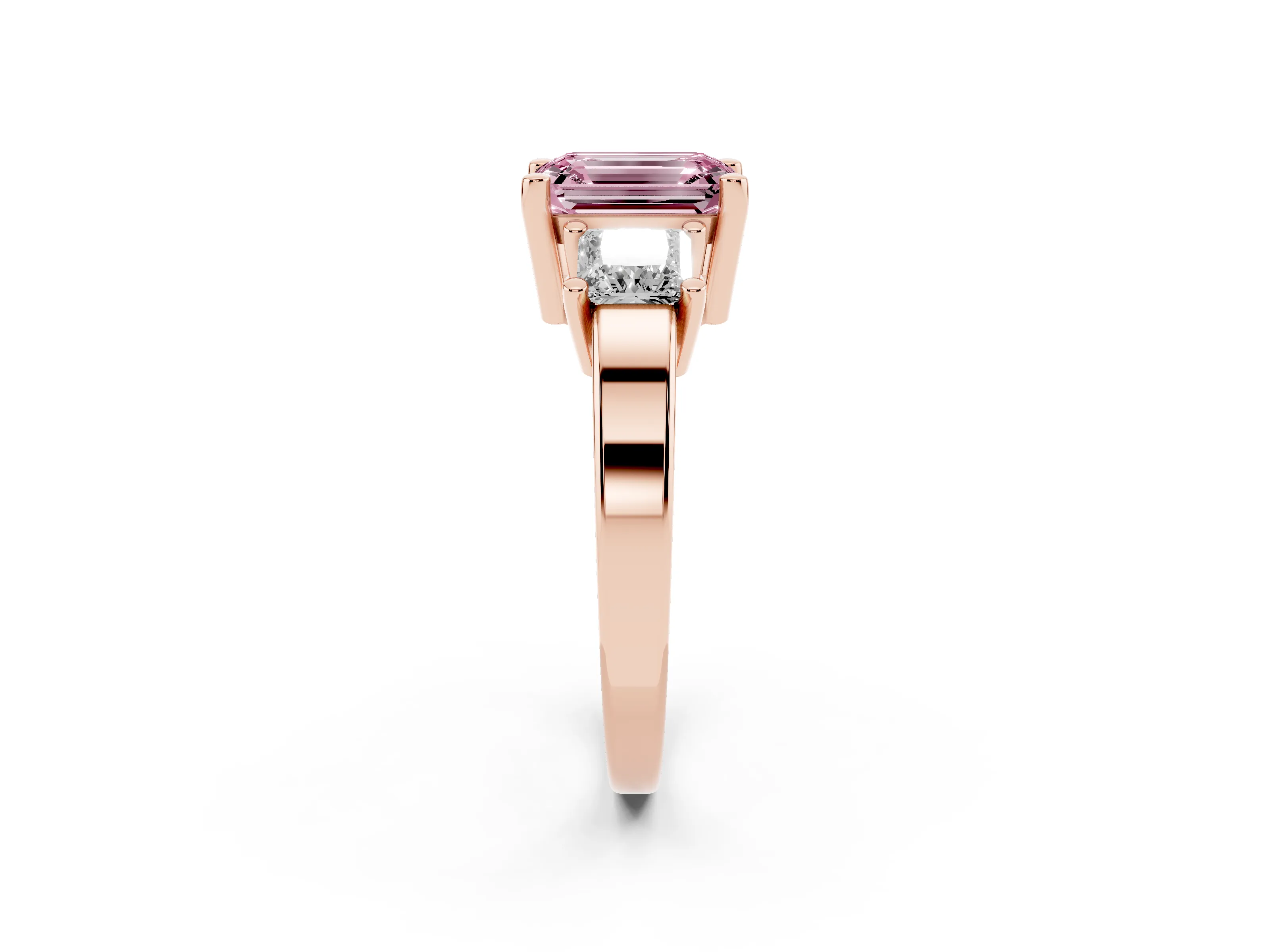 Fancy Pink Three-Stone Emerald Cut Diamond Solitaire Ring Set in Rose gold with Prong Setting