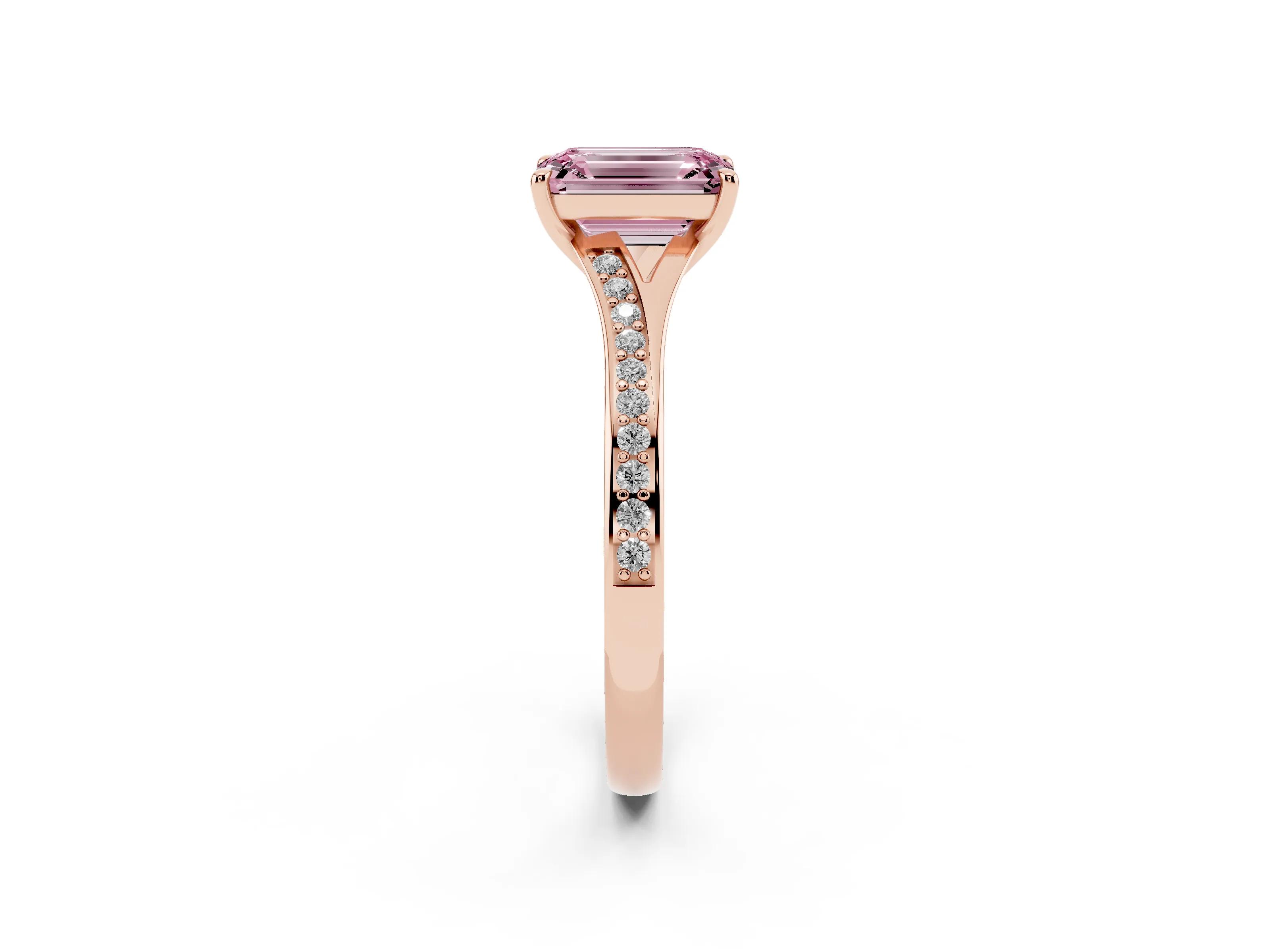 Fancy Pink Emerald Cut Diamond Solitaire Ring Set in Rose gold with Pavé Accent Band and Classic Prong Setting
