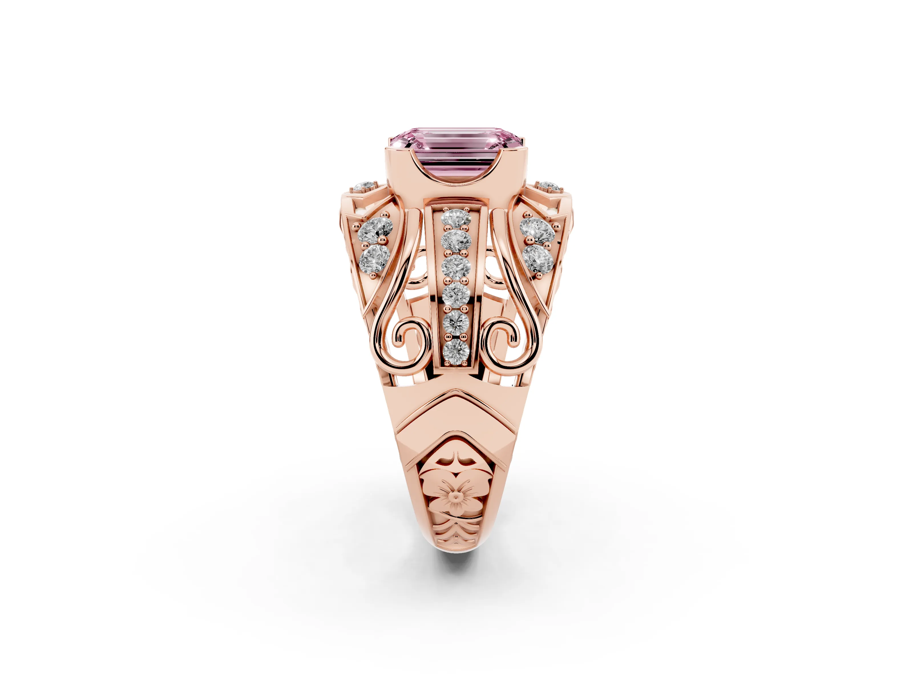 Fancy Pink Emerald Cut Diamond Art Deco Ring Set in Rose gold with Pavé Split Shank