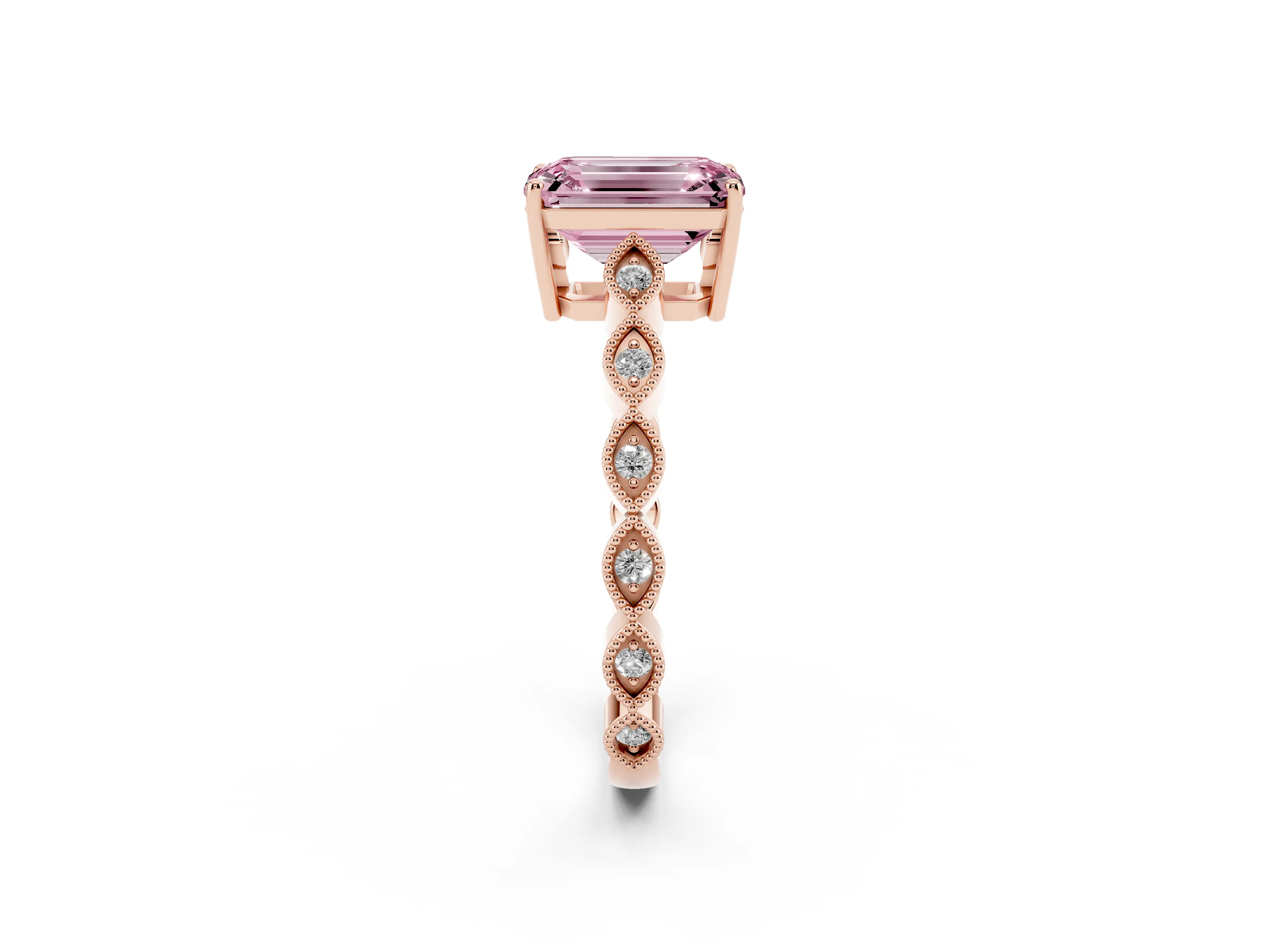 Fancy Pink Emerald Cut Diamond Solitaire Ring Set in Rose gold with Infinity Twist Pavé Band