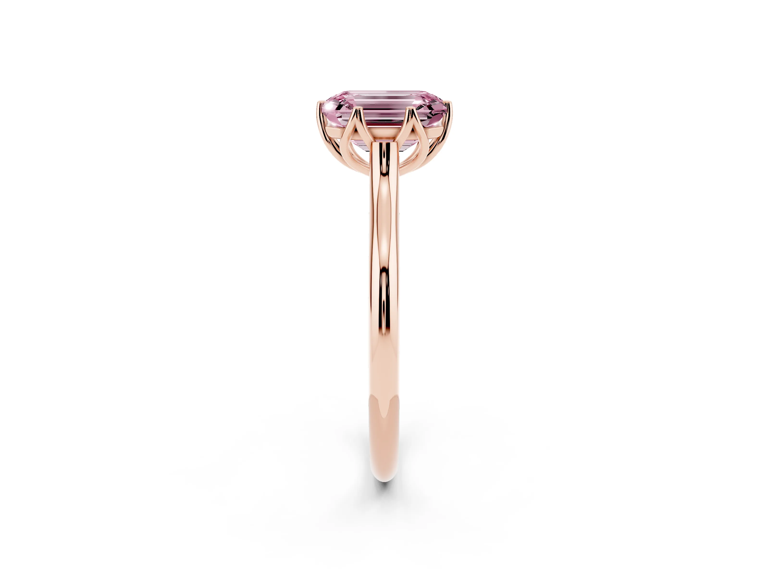 Fancy Pink Emerald Cut Diamond Solitaire Cathedral Ring Set in Rose gold with Prong Setting