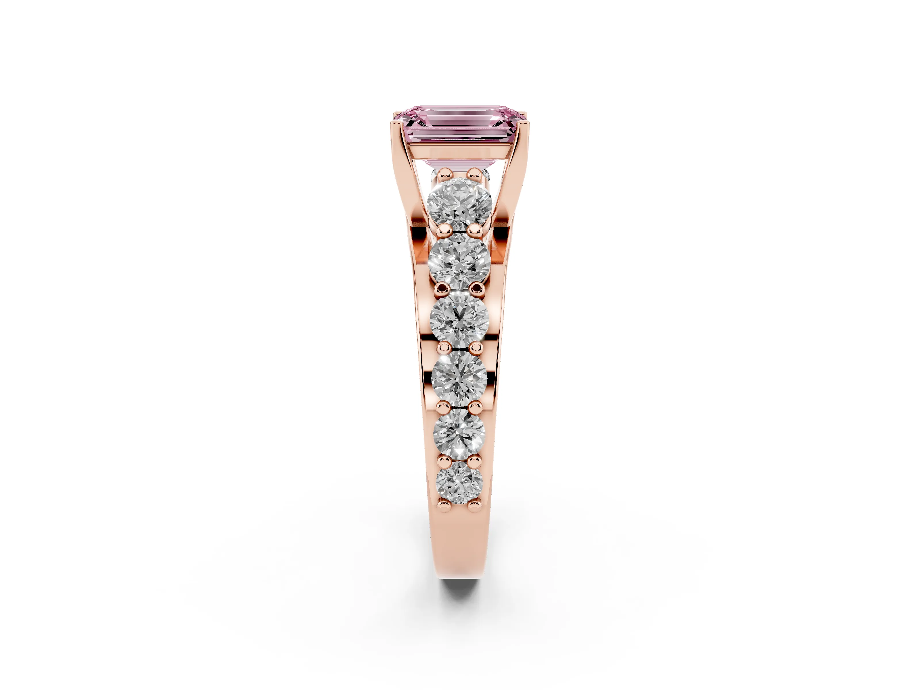 Fancy Pink Emerald Cut Diamond Pavé Engagement Ring Set in Rose gold with Prong Setting