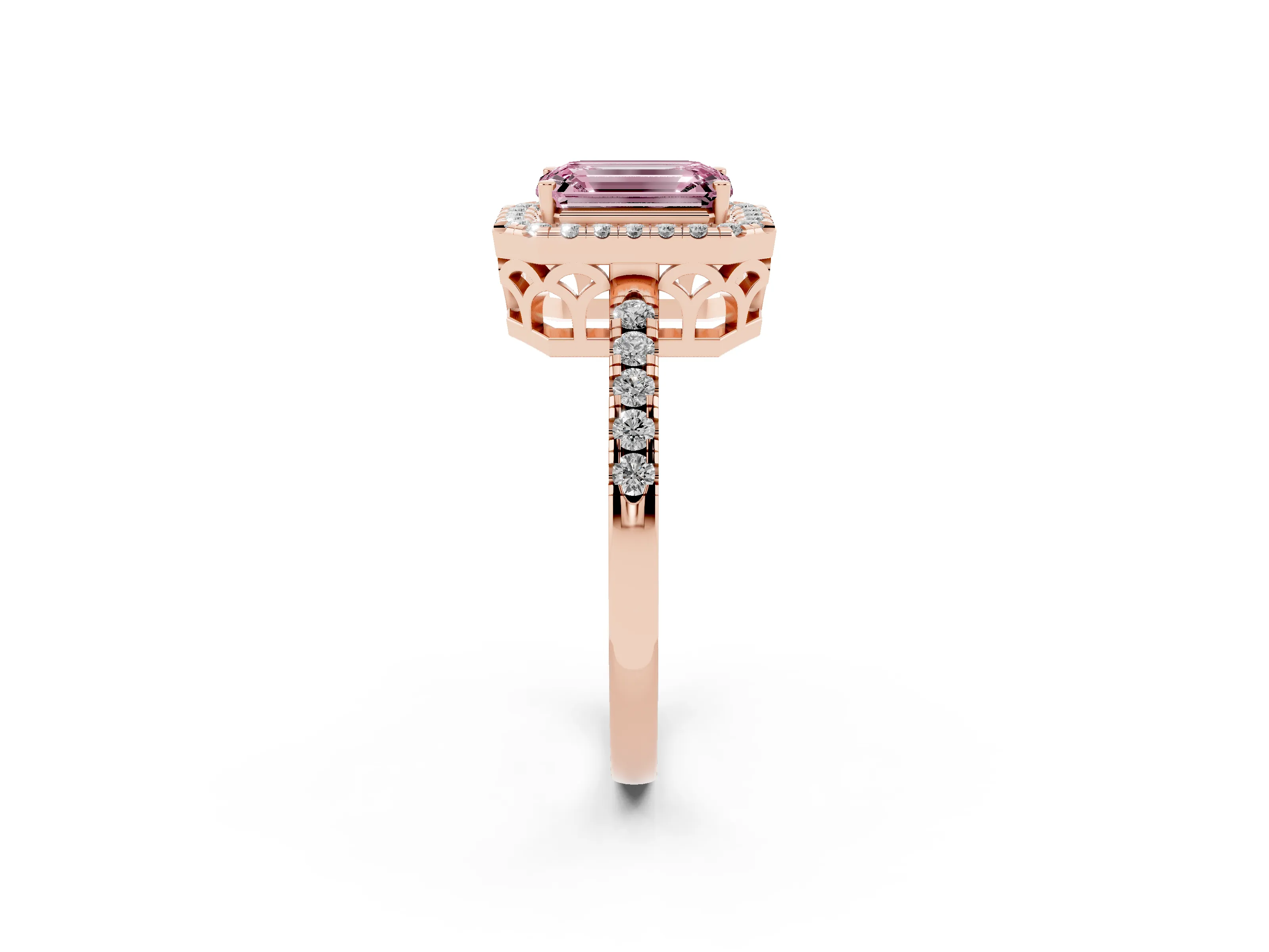 Fancy Pink Emerald Cut Diamond Pavé Band Halo Engagement Ring Set in Rose gold with Prong Setting